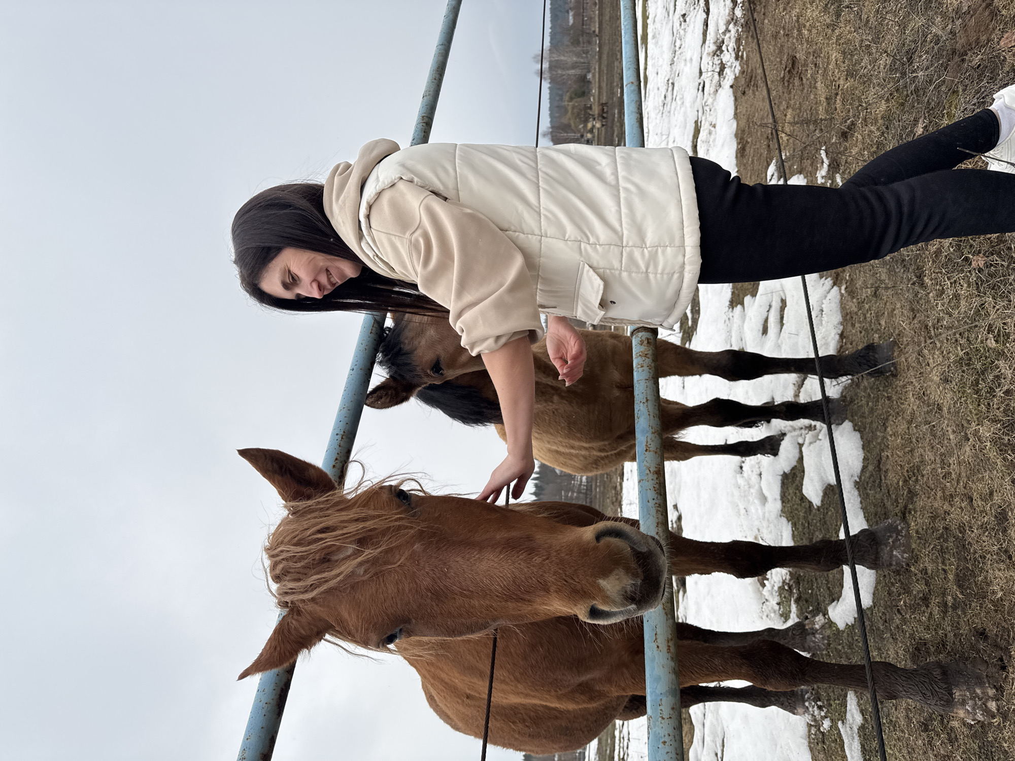 A woman in a white vest and black leggings pets two brown horses through a blue metal fence. The location is grassy with patches of snow, suggesting a rural setting in Opary, Russia. The sky is overcast.