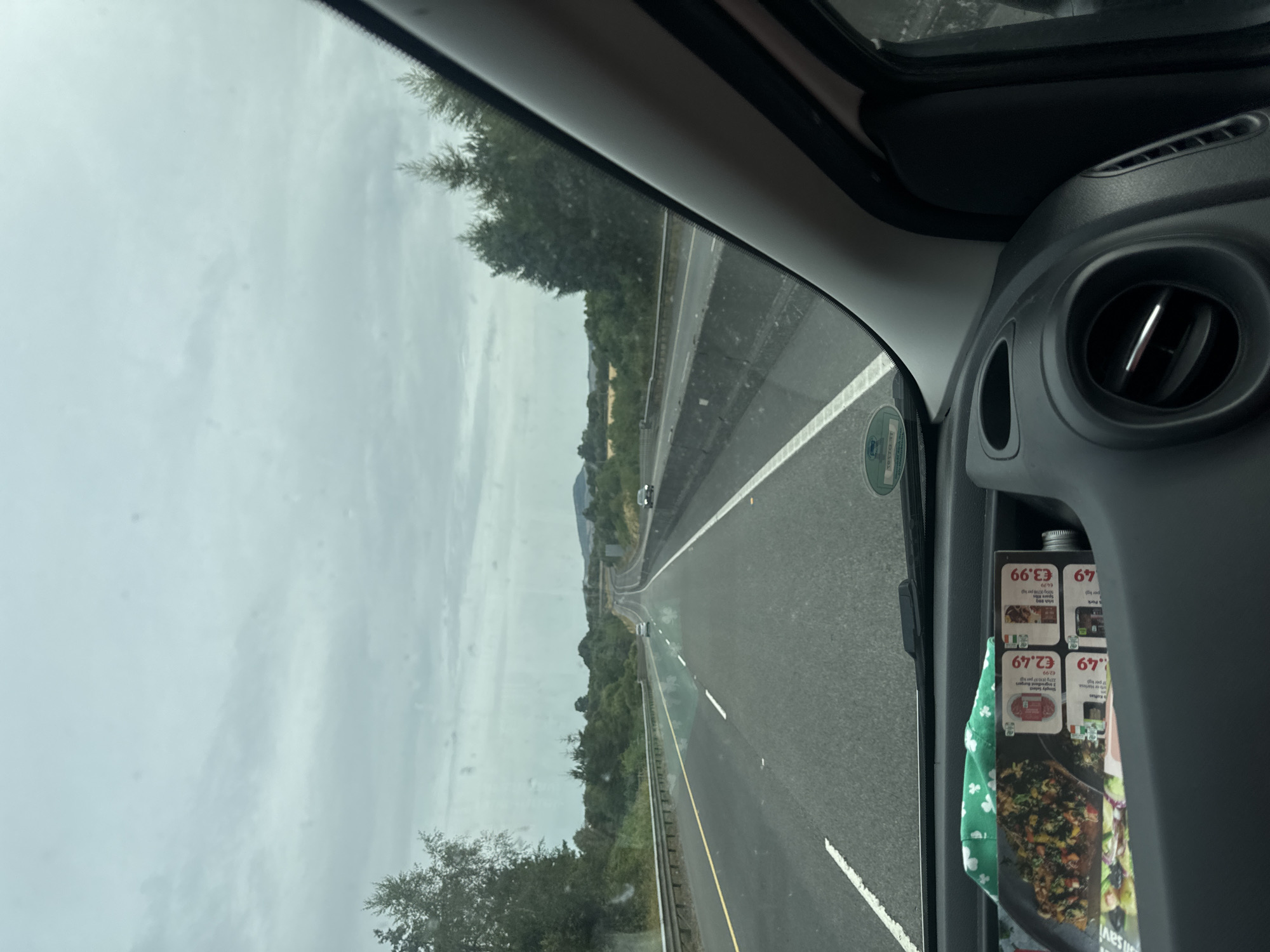 The image shows a view from the interior of a vehicle traveling on a highway. The road ahead is a multi-lane highway with a gray concrete barrier separating the opposing directions of traffic. The sky is overcast and a light gray. Trees and green foliage line the sides of the highway, and rolling hills are visible in the distance. Several other vehicles are visible on the highway, including cars in the distance. In the foreground, inside the vehicle, there is a black dashboard with a compartment holding a green cloth with white shamrocks and a booklet containing food prices. The prices are listed in Euros, for example, "€2.49" and "€3.99." The overall scene depicts a journey on a highway in what appears to be a rural or semi-rural setting. Based on the currency and the shamrock pattern, it is likely Ireland.