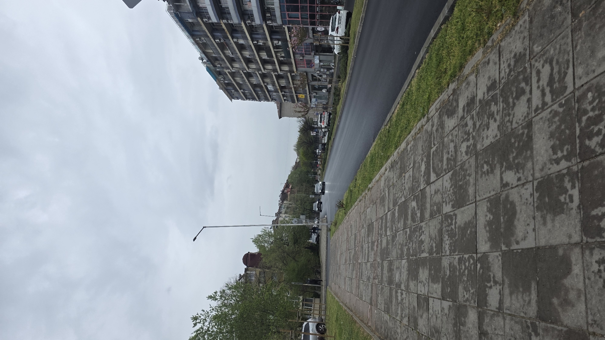 The image depicts a street scene in Blagoevgrad, Bulgaria on an overcast day. A multi-story building stands to the right of the frame, adjacent to a wet, asphalt road with cars parked along the side. A narrow strip of grass separates the road from a paved sidewalk made of gray square tiles. Streetlights and trees are visible along the left side of the road, and cars are moving along the street. The sky is gray and cloudy, suggesting recent rain.