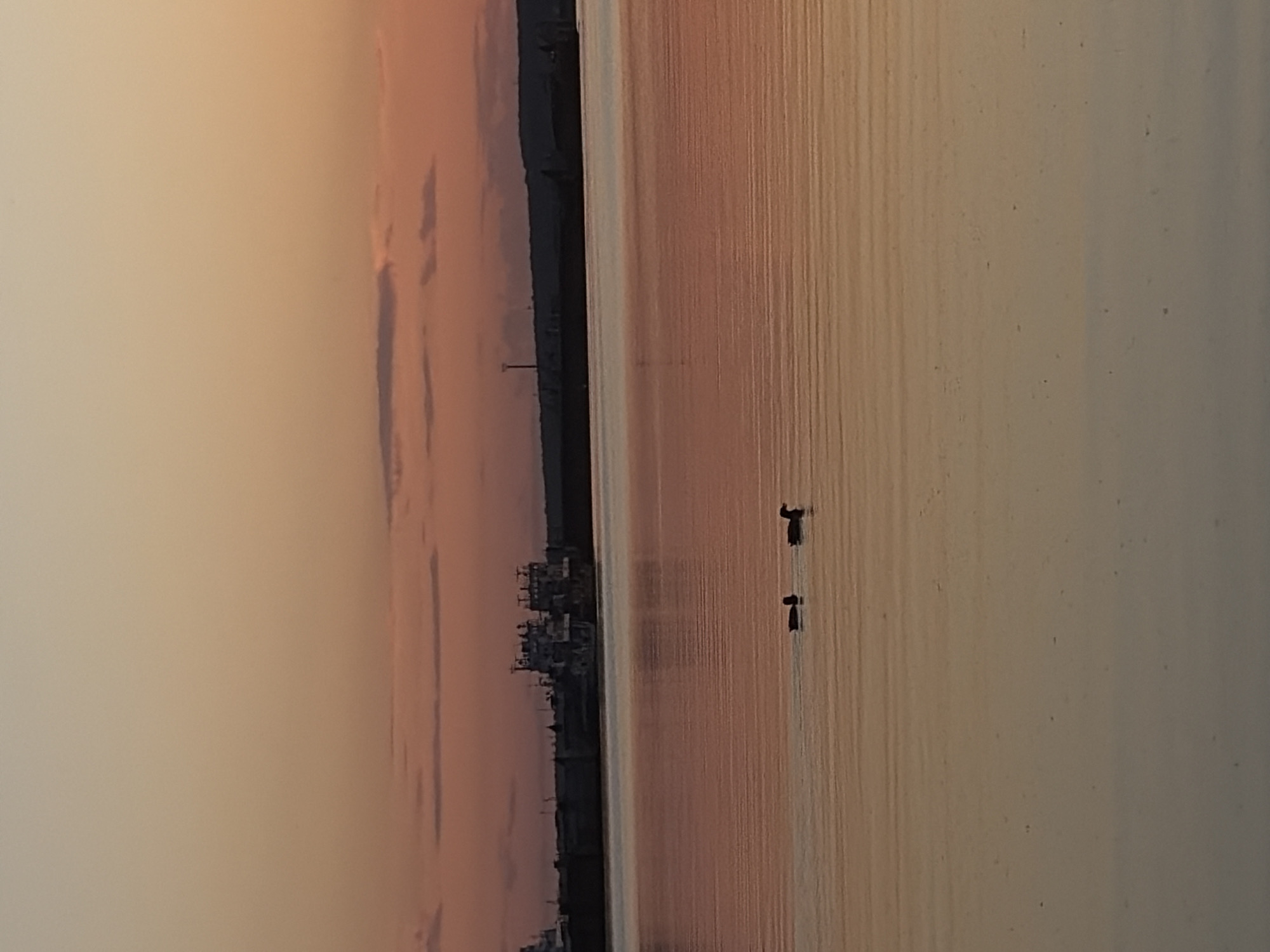 The image depicts a sunset or sunrise over a body of water in Unknown, Unknown. The upper portion of the frame shows a gradient sky, transitioning from light peach and orange at the top to deeper pinks and oranges near the horizon. Several faint, dark, horizontal cloud streaks are visible in the lower sky. A dark, silhouetted landmass stretches across the horizon, featuring multiple large, dark structures resembling ships or industrial buildings. A slender tower-like structure is visible on the right side of the landmass. The water surface, reflecting the sky's colors, displays subtle ripples. Two dark-silhouetted ducks are swimming from left to right in the mid-ground of the water; the duck on the right is slightly larger. The overall lighting suggests a low sun angle.