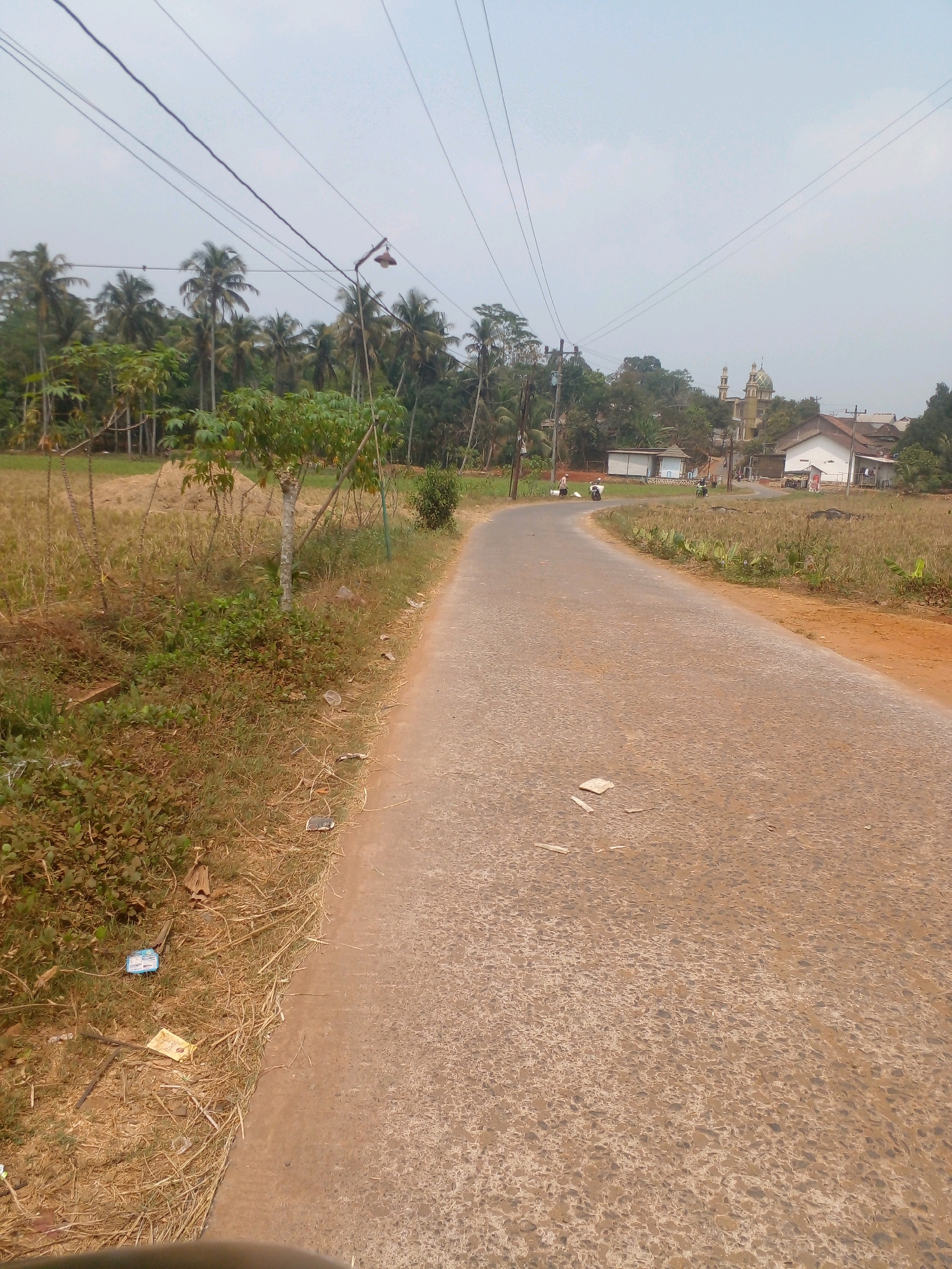 A paved road curves through a rural area in Banyuputih, Indonesia, under a hazy sky. The road is lined on the left by dry, yellowish vegetation and scattered debris, including plastic wrappers and what appears to be a fallen leaf. Coconut trees and other foliage dominate the left side of the road. On the right, the road is bordered by a field of dry grass and some young plants. In the distance, on the right side of the road, a mosque with a green dome and minaret is visible, along with several white and brown buildings. Two motorbikes are on the road, one in the mid-distance with two riders, and another further ahead with a single rider. The overall impression is of a quiet, sun-drenched rural landscape.