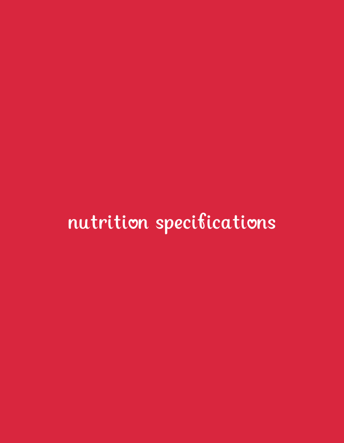 A red background contains white text that reads "nutrition specifications". The text is centered horizontally and located towards the bottom of the image.
