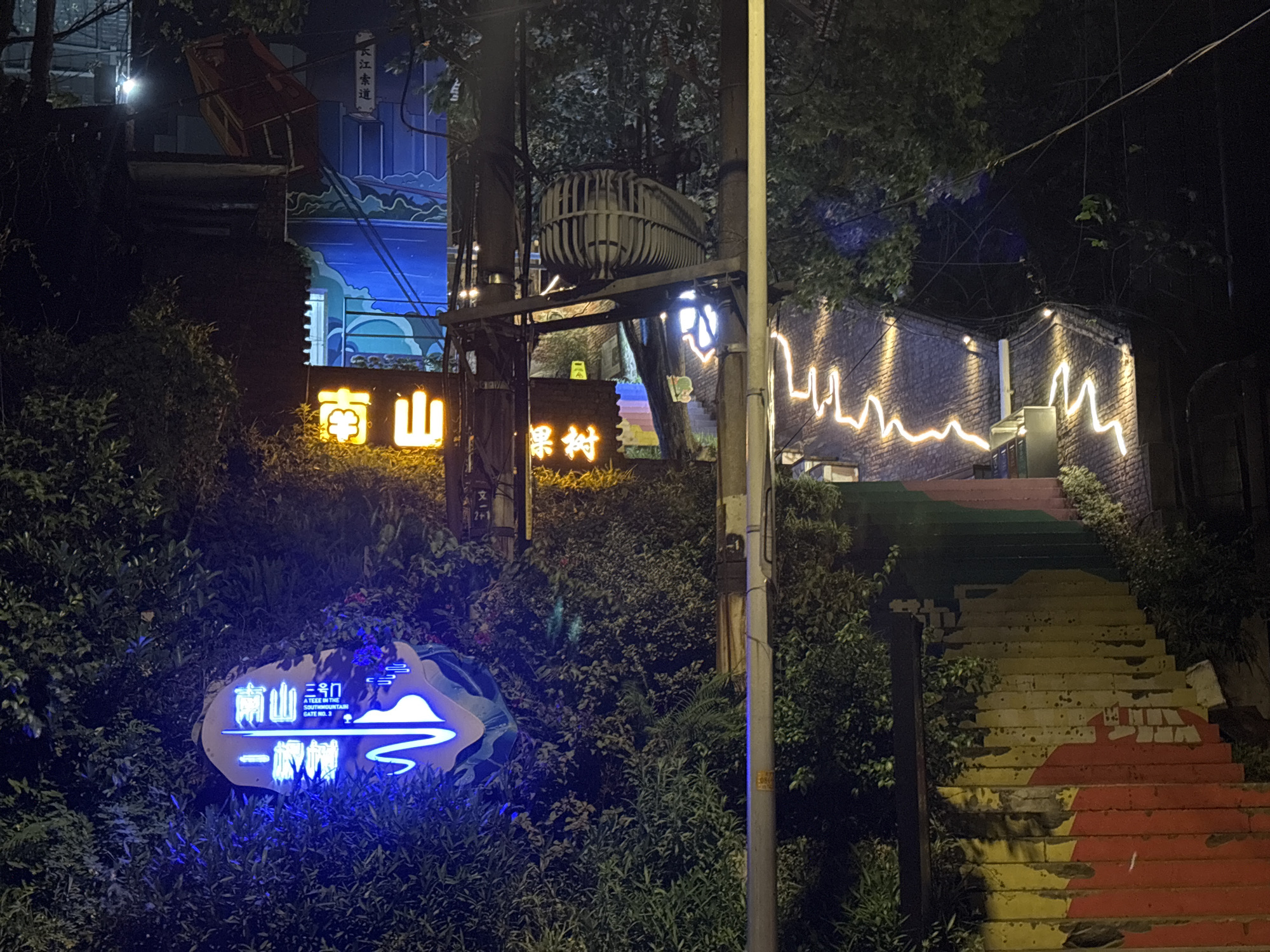 The scene is an outdoor view at night in Nan'an District, China. Painted steps lead up an incline. To the left, signage with blue lighting displays Chinese characters and "A TREE IN THE SOUTH MOUNTAIN GATE NO. 3". Further up are other signs in Chinese with bright yellow lighting, partly obscured by dense greenery. A brick building is decorated with an ECG pattern of lights. There are power lines, a transformer, and streetlights. The environment is dark, with dense foliage.