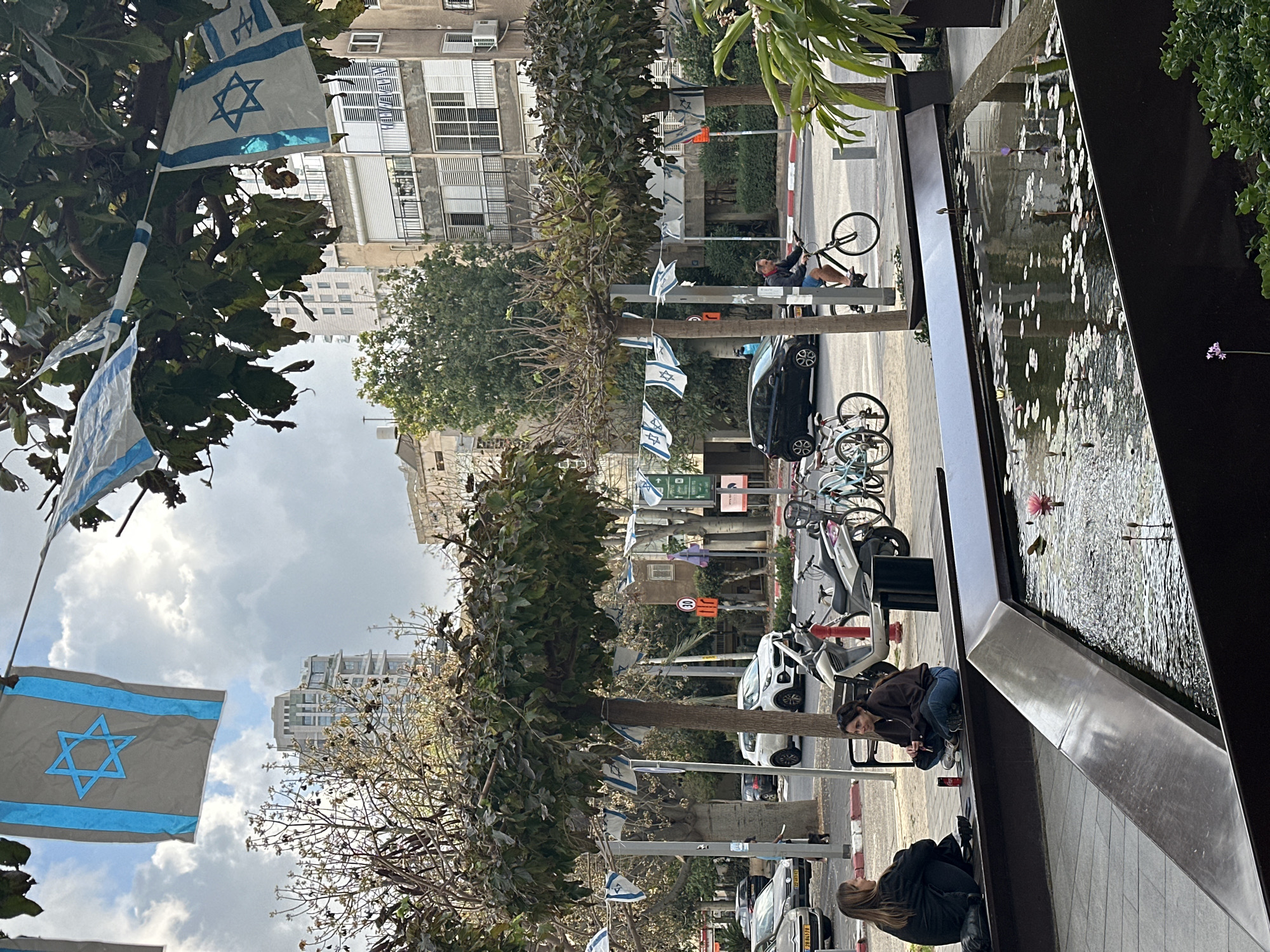 This media file presents an outdoor urban street scene, likely a boulevard in Tel Aviv, Israel, characterized by its everyday activity and visible national symbols. The image is taken during the daytime under a partly cloudy sky, showing natural light without harsh shadows.
The scene is visually dominated by a row of trees lining what appears to be a median or sidewalk. Numerous small Israeli flags, featuring the blue Star of David and blue stripes on a white background, are prominently displayed, strung between the trees and on various poles, indicating a national celebration, period of remembrance, or general patriotic display.
Several individuals are visible. In the mid-ground, a person is seated on a bench next to a bicycle, appearing to be resting. To the right, a modern, dark-colored rectangular water feature or fountain contains water lilies and a single pink water lily. Two people are situated by this fountain; one is crouching in a dark hoodie and blue jeans with a red Coca-Cola can nearby, while the other is seated further back, dressed in black.
The background consists of multi-story urban buildings, typical of residential or commercial structures in a city. The street itself is active with parked vehicles, including cars, bicycles, and scooters. Visible street infrastructure includes traffic lights, street signs, and paved surfaces. A small orange circular sign with the number "50" in white is clearly visible on a pole, indicating a speed limit. License plates on parked cars, such as "94-647-81" and "97-001-37", are also discernible.
The overall impression is one of ordinary urban life occurring amidst a display of national pride.
