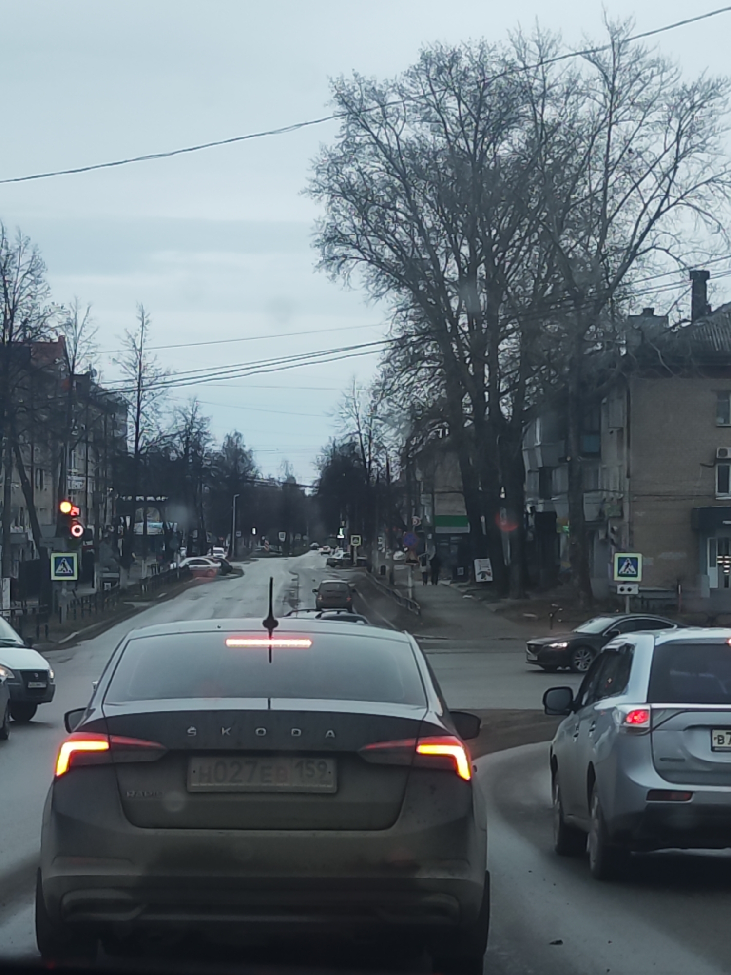 The image shows a street scene in Chaikovsky, Russia. The view is from inside a vehicle, looking down the road. Several cars are visible, including a Skoda with the license plate H027EB 159 in the foreground. A Mitsubishi SUV is next to it on the right, with the license plate obscured. Further down the road, other cars are visible. On either side of the street, there are buildings, trees, and pedestrian crossings with signs. The traffic light in the distance is red. The sky is overcast, suggesting a cloudy day.