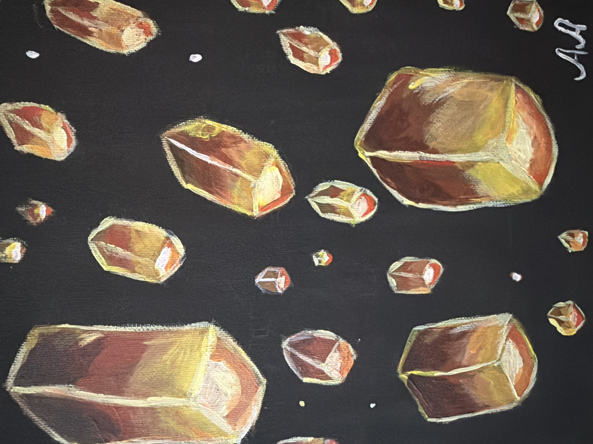 The image is a painting on a dark surface, depicting a collection of illuminated paper lanterns floating in the night sky. The lanterns are rendered in shades of yellow, orange, and red, with white highlights suggesting their inner glow. They vary in size and orientation, with some appearing closer and larger, while others are smaller and more distant. The background is a solid black, creating a stark contrast that emphasizes the light of the lanterns. The painting includes a signature in the bottom right corner, consisting of two stylized letters, "A.A.", written in white. There are no people or specific identifiable landmarks visible in the painting that would indicate its location in Rawai, Thailand.