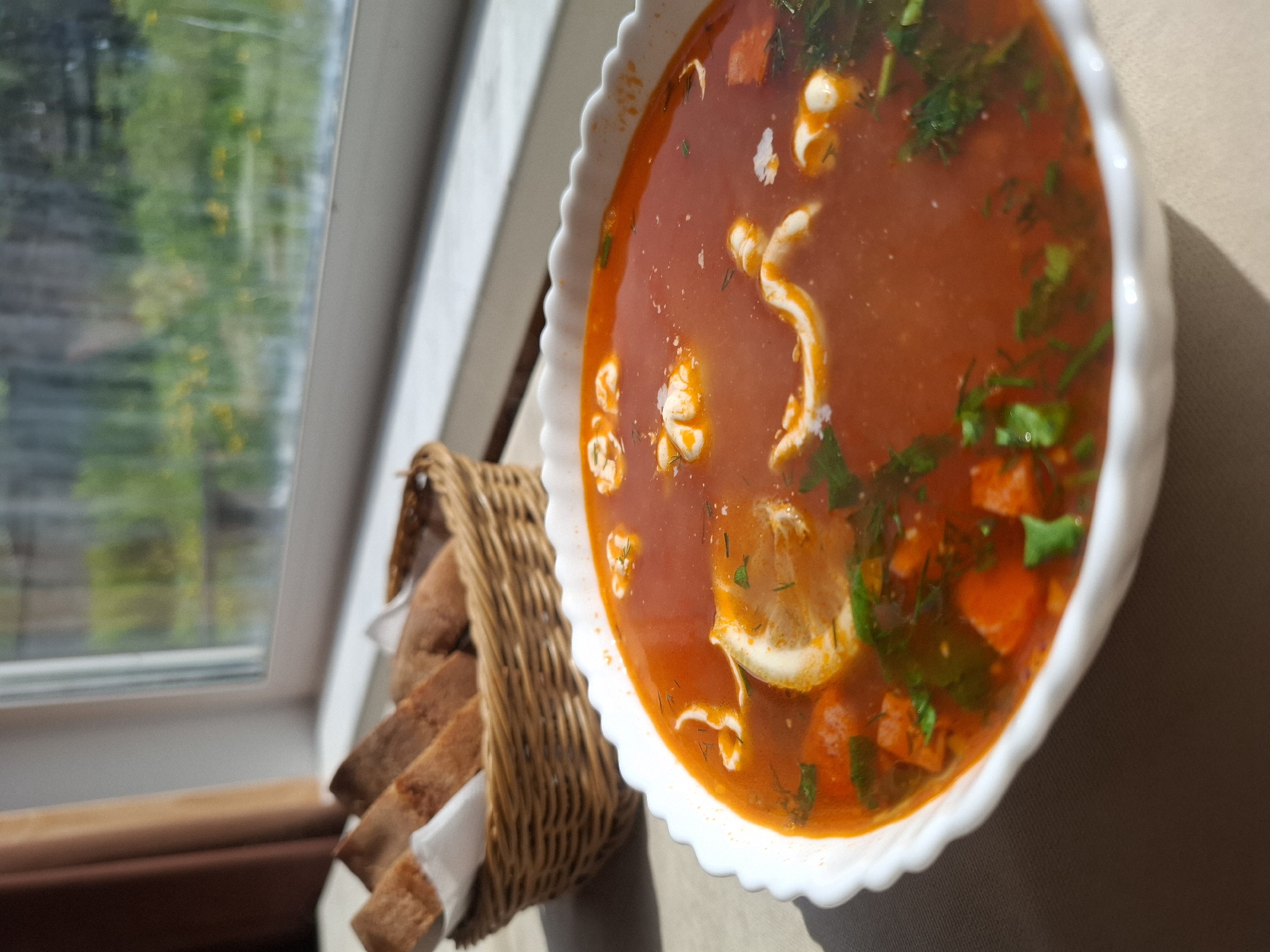 A close-up, slightly overhead shot showcases a white, ruffled bowl filled with a vibrant red soup, likely a borscht or solyanka, sitting on a neutral-colored tablecloth. The soup contains visible chunks of carrots and herbs, with dollops of white cream or sour cream swirled on top. A slice of lemon floats in the soup, garnished with dill. To the left and slightly behind the bowl, a woven basket holds several slices of dark bread, each with a white paper liner. In the background, a window reveals a blurry view of green foliage and yellow flowers, suggesting an outdoor scene beyond. The lighting indicates natural sunlight, casting shadows on the tablecloth, and the overall setting appears to be a home or restaurant with a view of nature. This scene is located in Sukhoy Ruchey, Russia.