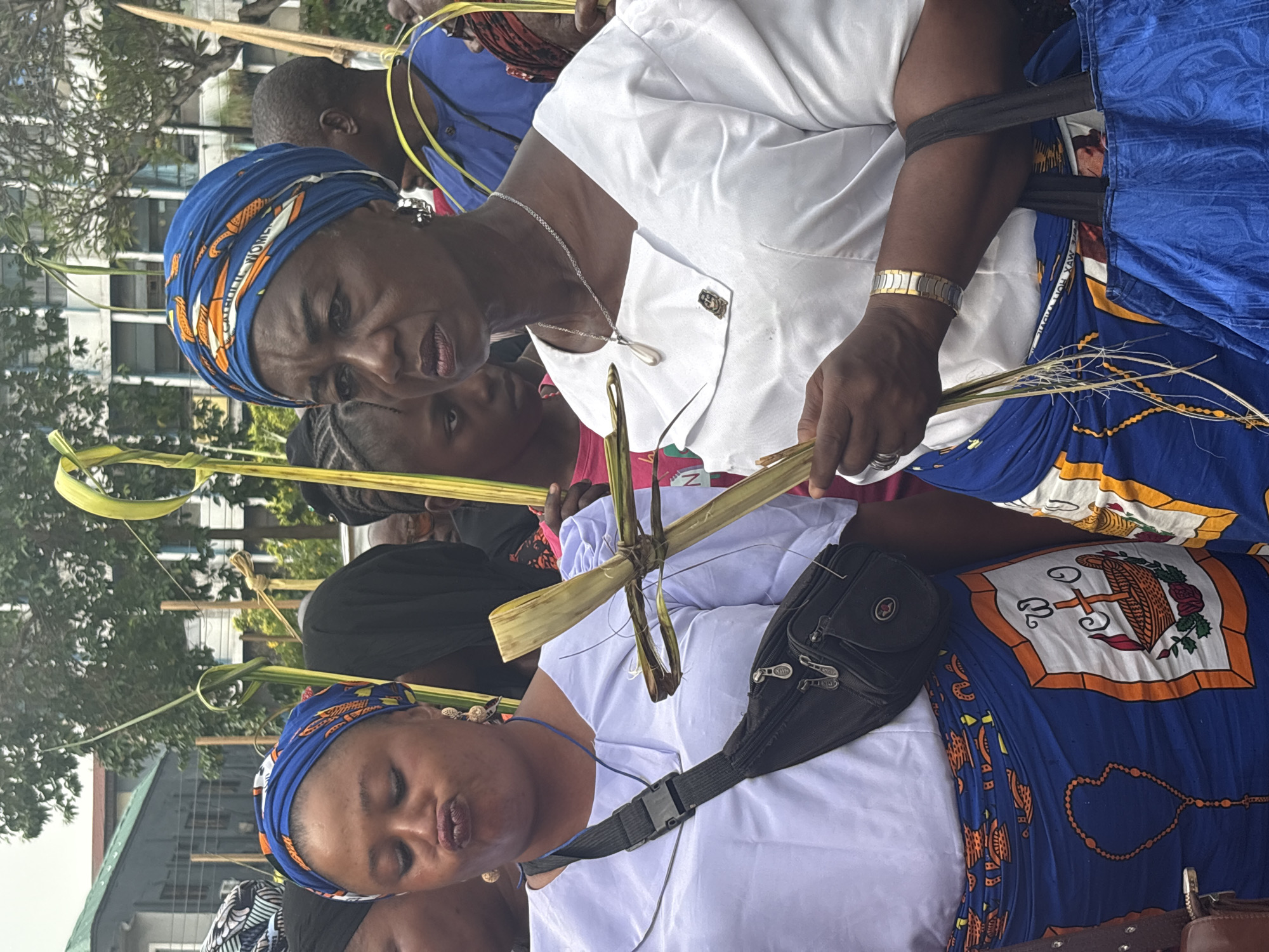 The image shows a gathering of people in what appears to be a city environment. Judging from the architecture visible in the background, the traditional attire of the people, the location is Lagos, Nigeria. The people are dressed in a mix of white and blue clothing with patterned fabrics and headwraps. They are holding what look like palm fronds and other green plant material, suggesting a procession or gathering related to a religious event like Palm Sunday. Several people are visible in the foreground and background, creating a dense crowd scene. The weather appears to be overcast or cloudy due to the soft lighting in the image.