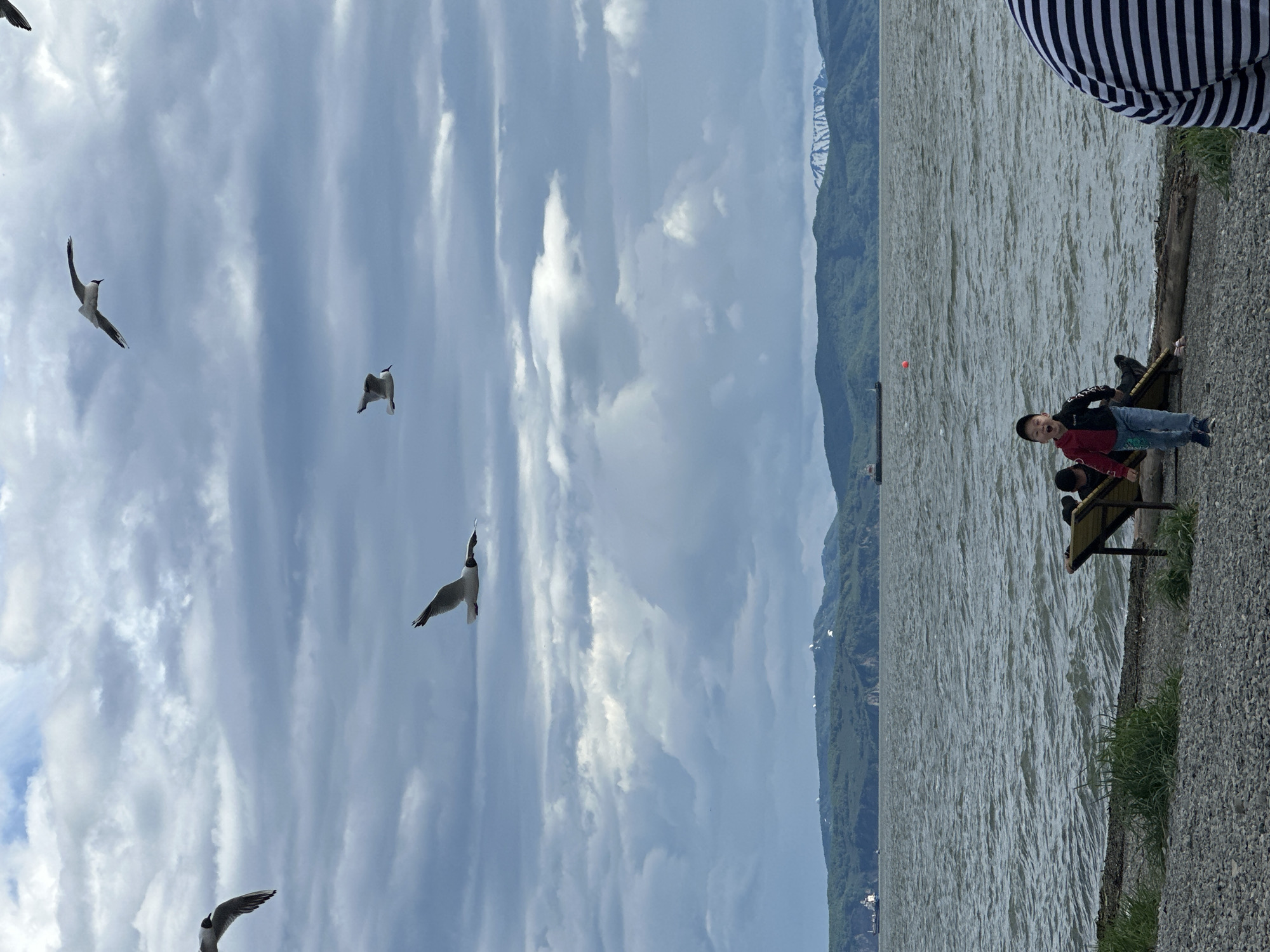The image depicts a coastal scene with a young boy in the foreground wearing a red and black hooded jacket and blue jeans, smiling exuberantly as he runs towards the camera. To his left, another child, partially obscured, is seated on a bench. The background features a choppy body of water with several ships and buoys visible, and a distant, green, mountainous coastline under a cloudy sky. The location is identified as Petropavlovsk-Kamchatsky, Russia, likely a waterfront park or beach area with a view of Avacha Bay. Seagulls are flying in the sky. The ground is covered in pebbles and some grass.