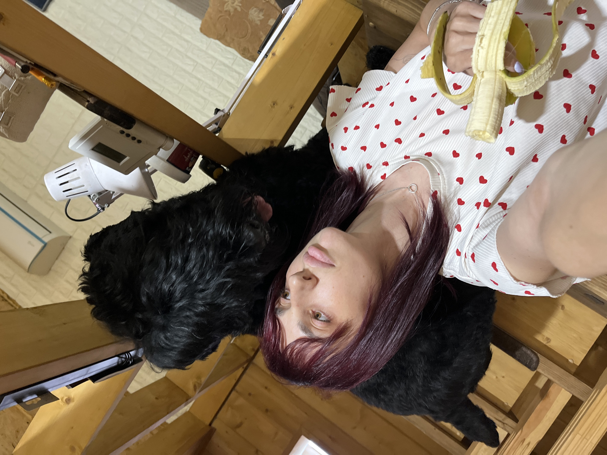 In an indoor wooden structure, a woman with dark red hair and a white top adorned with red hearts is positioned in the foreground. She is holding a partially peeled banana in her right hand. To her left and slightly behind her, a large black dog with shaggy fur is visible, its head lowered as if looking at the banana or the woman. The background reveals wooden beams, a white lamp, and a white device with a digital display on a shelf. The overall impression is an informal, domestic setting, possibly a house or a cabin, with the subjects engaged in a casual moment. There are no visible indications of the specific location within Nagorny, Russia.