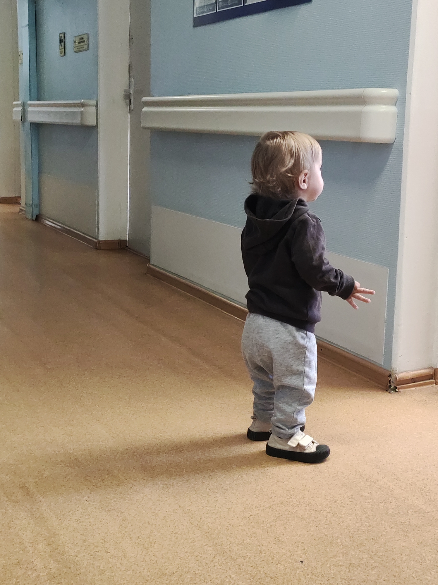 A young child, likely a toddler, stands in a light blue hallway in Chaikovsky, Russia, viewed from behind. The child has light brown hair and is wearing a dark grey hooded sweatshirt, light grey sweatpants, and white shoes with black rubber soles and velcro closures. They are standing still, facing away from the camera, looking towards a wall or corner of the hallway.
The hallway features a plain, light brown or tan-colored floor, possibly linoleum. The walls are a consistent light blue, possibly textured, and are equipped with white horizontal crash rails at about hip height, a common feature in hospitals, clinics, or other public and healthcare institutions designed to protect walls and aid mobility.
In the background, two doors are visible, matching the light blue color of the walls. On the door to the left, two small signs are affixed; one clearly depicts a male restroom symbol, while the other contains unreadable text. The lighting in the hallway is even and bright, suggesting an indoor daytime setting. The child's posture and slightly open hands convey a sense of quiet observation or curiosity about their surroundings.