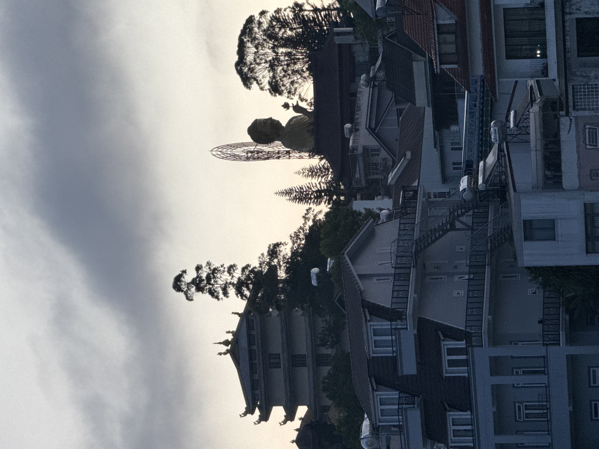 The image depicts a statue of a person holding a flower in the city of Lâm Viên - Đà Lạt, Vietnam. The statue is positioned among trees and against a cloudy sky. Buildings with multiple floors and staircases are visible in the background.