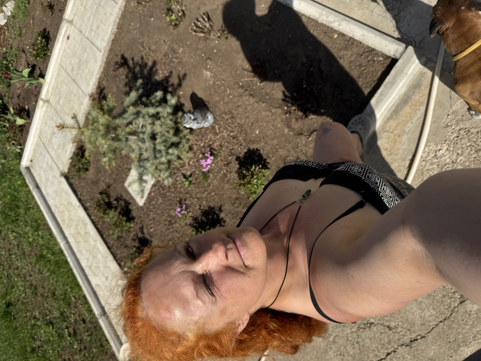 A woman with red hair is shown in an upward-angle selfie taken outdoors in daylight. She is wearing a black and white patterned garment, possibly swimwear, and a necklace. Her shadow is visible behind her, cast on a garden bed. The garden bed is bordered by light-colored concrete blocks and contains plants, dirt, and a small garden gnome statue. A dog is partially visible in the upper right corner. The ground is concrete with cracks. The location is unknown but has been suggested to be in Chaikovsky, Russia. No verification can be given.