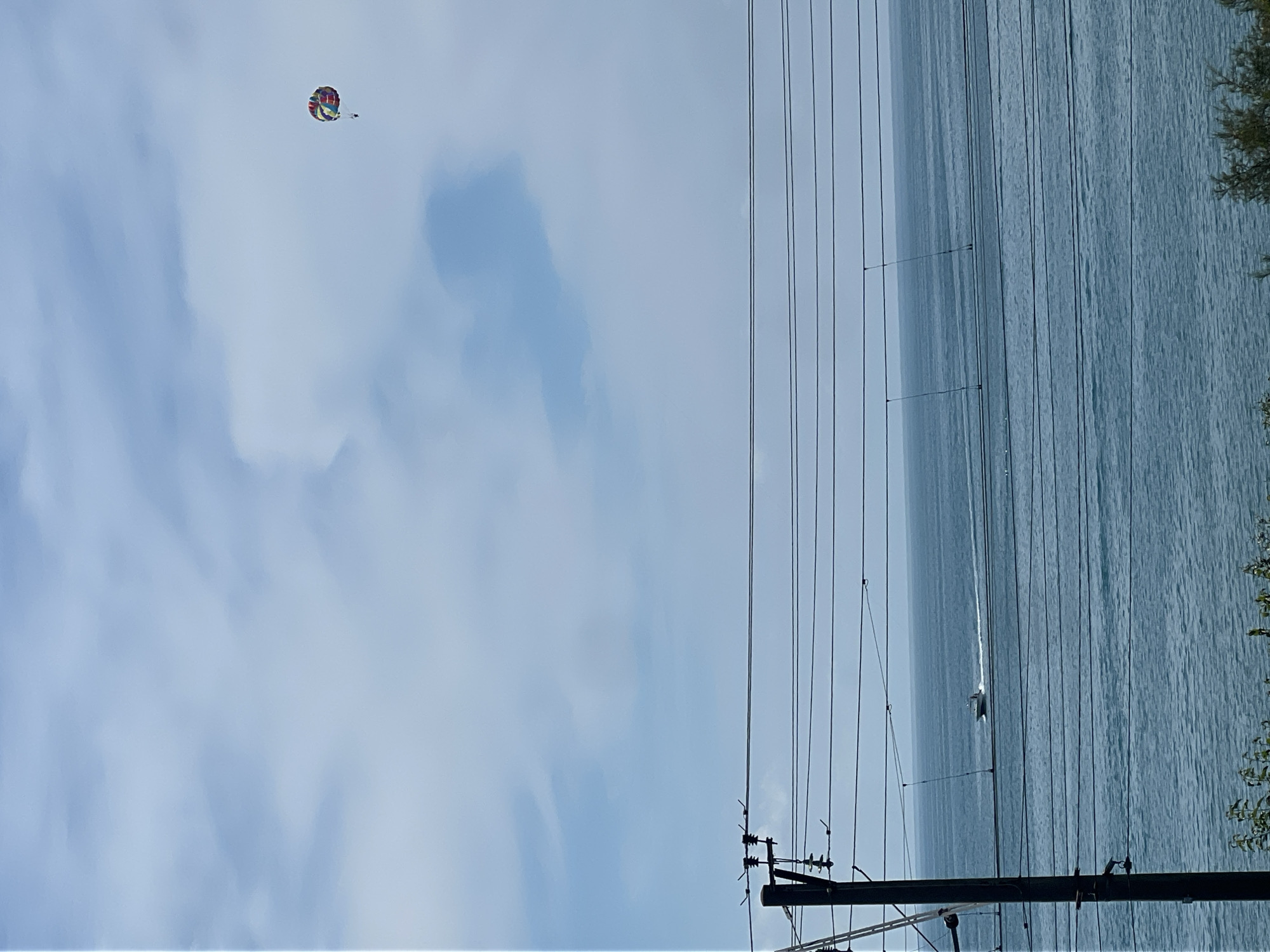 The image depicts a wide shot of a body of water under a cloudy sky. In the upper right portion of the frame, a colorful parasail is visible, with a person suspended beneath it. On the water, a white boat is creating a wake as it moves to the left. In the foreground, a utility pole with multiple wires stretches horizontally across the frame. The bottom of the image shows some greenery, likely bushes or low-lying plants. The overall scene is naturalistic and suggests an outdoor recreational setting.