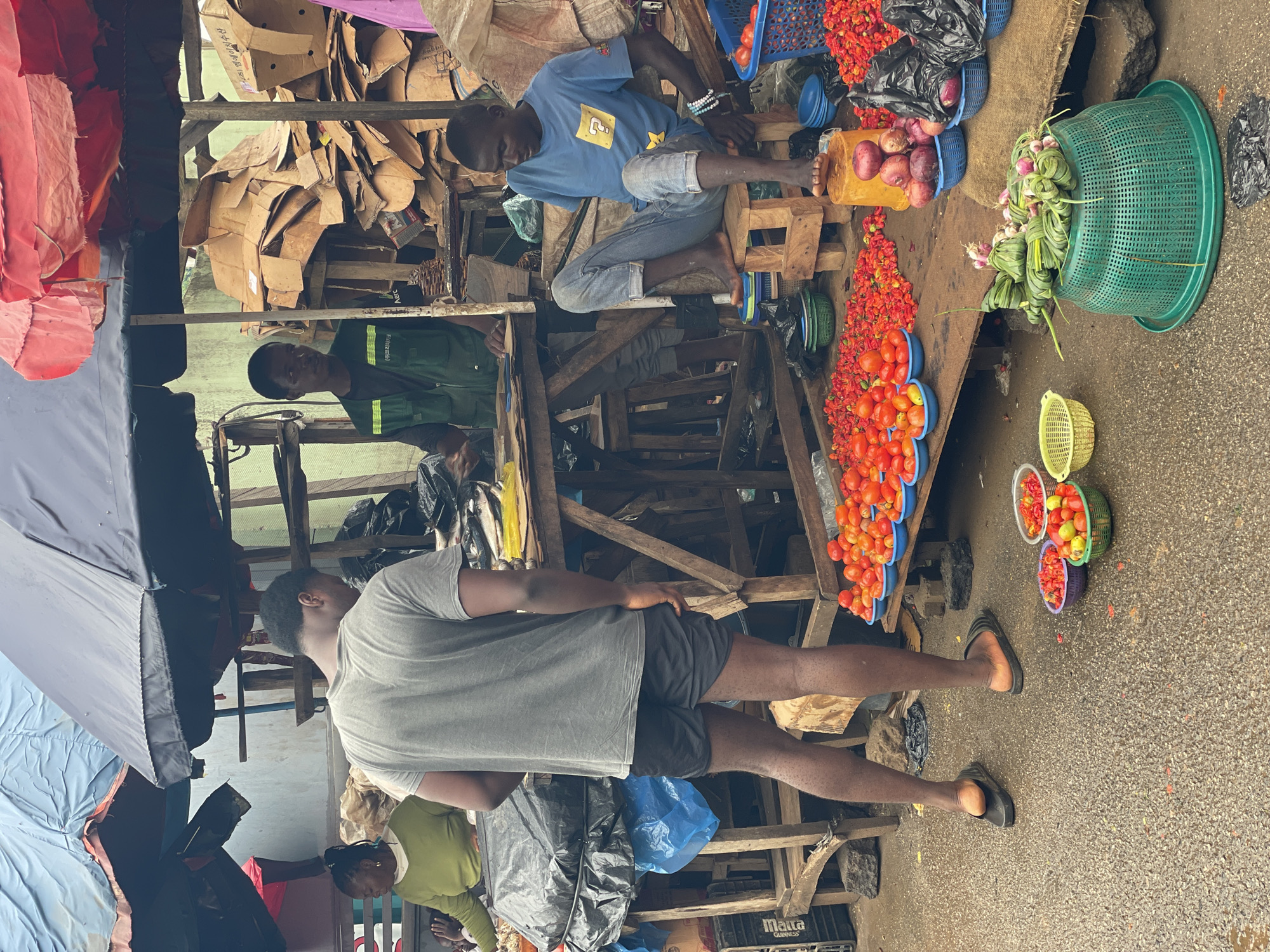 This image depicts a bustling market scene in Akwanga, Nigeria. In the foreground, a man in a grey t-shirt and dark shorts stands with his back to the camera, facing a market stall. To his right, another man wearing a blue t-shirt and jeans sits on a wooden stool, looking down at produce.
The market stall is laden with fresh produce, including baskets overflowing with tomatoes and chilies. Onions are also visible in blue baskets. A large green basket in the foreground contains bundles of green vegetables, possibly leeks or scallions, wrapped in leaves. Behind the produce, a table is covered with various items, and further back, large piles of cardboard boxes are stacked high.
Several other individuals are present, including a woman in a green shirt in the background, and a vendor in a green vest standing behind the table. The market appears to be covered by large umbrellas and tarps, providing shade. The ground is wet, suggesting recent rain. The overall atmosphere is one of active commerce and vibrant local life.