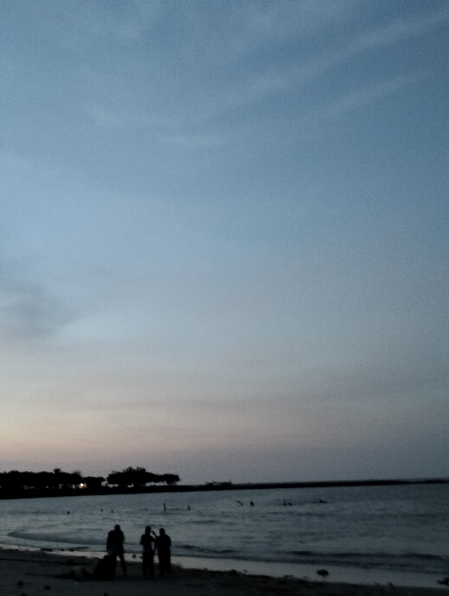 The image displays a tranquil beach scene at twilight or dusk, likely located in Lhokseumawe, Indonesia. The sky dominates the upper two-thirds of the frame, exhibiting a soft gradient from a light blue-grey at the top to a muted, slightly warmer hue near the horizon, characteristic of the fading daylight. Sparse, wispy clouds are subtly visible across the expanse of the sky.
In the foreground, a sandy beach is visible, where three silhouetted human figures stand. Their features are indistinguishable due to the low light, but they appear to be observing the water. A smaller, indistinct dark shape is also present on the sand near them.
The midground features calm ocean or sea water, with gentle waves breaking near the shore. Several smaller, dark silhouettes can be seen in the water, indicating people swimming or wading further out from the beach.
The background shows a dark, low-lying landmass or breakwater extending across the water. Behind this, a dense line of silhouetted trees or vegetation forms the distant coastline. A single, faint light source, possibly from a distant building or lamp, is discernible amidst the dark background trees.
The overall scene suggests a peaceful evening at the beach, with individuals enjoying the serene environment. There is no visible text within the image. The weather appears clear and calm.