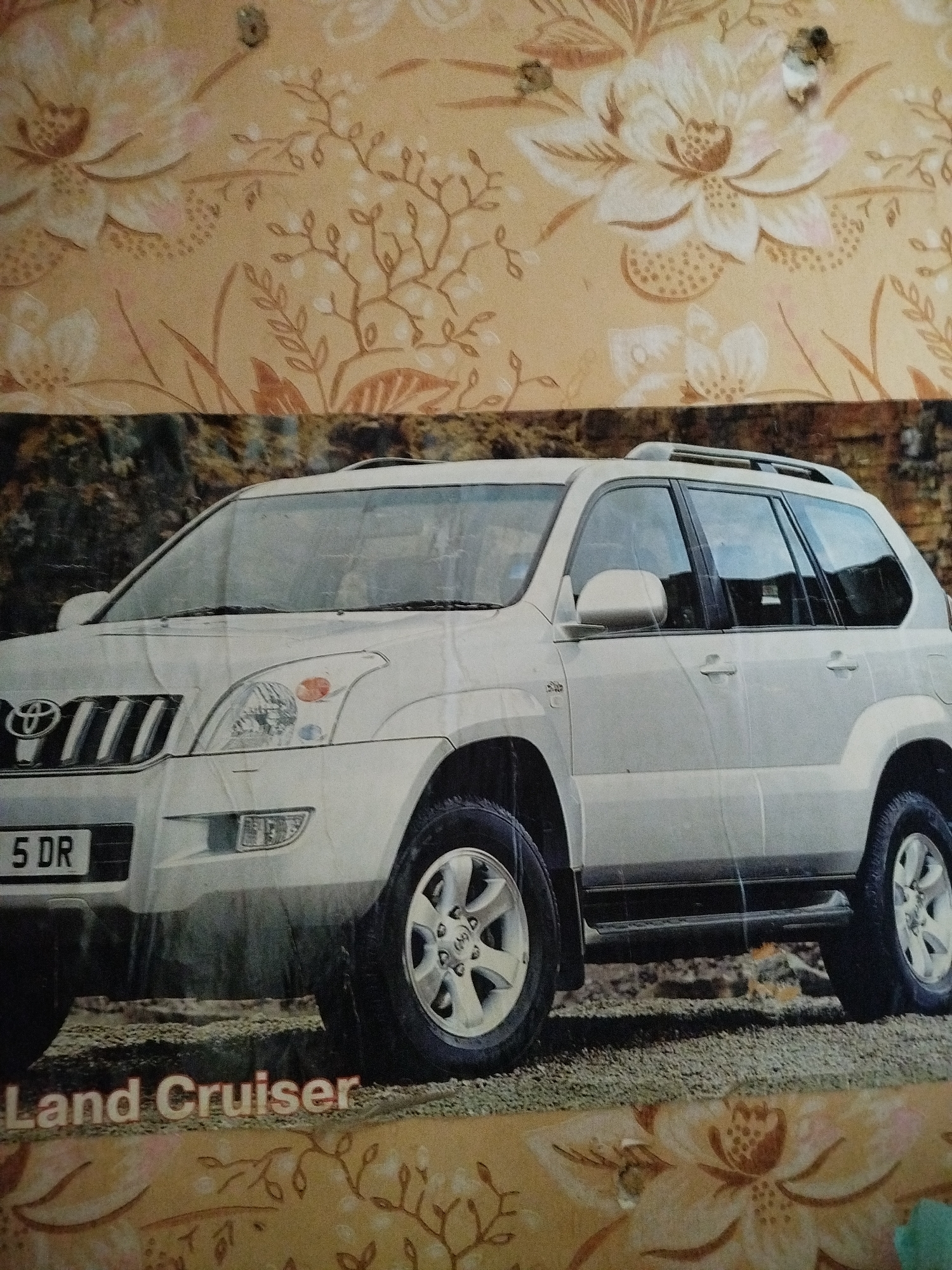 The image displays a white Toyota Land Cruiser SUV. The vehicle is positioned in a way that shows its front and side profile. The background features a floral pattern on a textured surface, possibly wallpaper. Below the vehicle, the text "Land Cruiser" is prominently displayed in a stylized font with a red outline and a white fill. Additionally, the plate on the front of the car reads "5 DR". The lighting suggests it could be daytime, and there are no obvious cues about the weather. The overall impression is that of a photograph or advertisement of the car, superimposed on a decorative background. There are no people visible in the image, and the setting appears to be indoors or a studio due to the consistent floral pattern and the way the car is presented. The details of Romny, Ukraine, are not directly evident from the image itself.