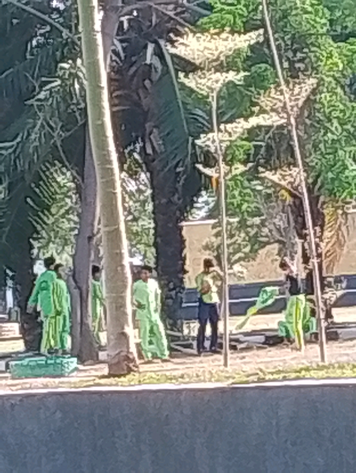 The image captures a group of individuals, some of whom are wearing bright green uniforms, gathered outdoors in what appears to be a park or a public space with lush vegetation and trees. The scene is lit by natural daylight, suggesting it was taken during the daytime.
In the foreground, a textured, dark gray surface, possibly a wall or a paved area, occupies the lower portion of the frame. The middle ground is where the main action unfolds. Several people are visible, with at least three individuals in the distinct green uniforms. One person in the green uniform is seen from behind, walking to the left, accompanied by another person also in green. Further to the right, another individual in a similar green uniform is standing. Another person, wearing a light yellow shirt and dark pants, is standing and appears to be holding something. A person in black is also visible.
The background is dominated by large trees with dense foliage and a building structure that is partially obscured. The overall impression is one of a community gathering or an outdoor activity taking place in a tropical or subtropical environment. The presence of palm trees and abundant greenery suggests a location with a warm climate.
Based on the visual cues and common attire for school or community events in Indonesia, this scene could be located in Probolinggo, Indonesia. The specific location within Probolinggo is not discernible from the image alone but the general setting is consistent with public parks or school grounds found in Indonesian cities.