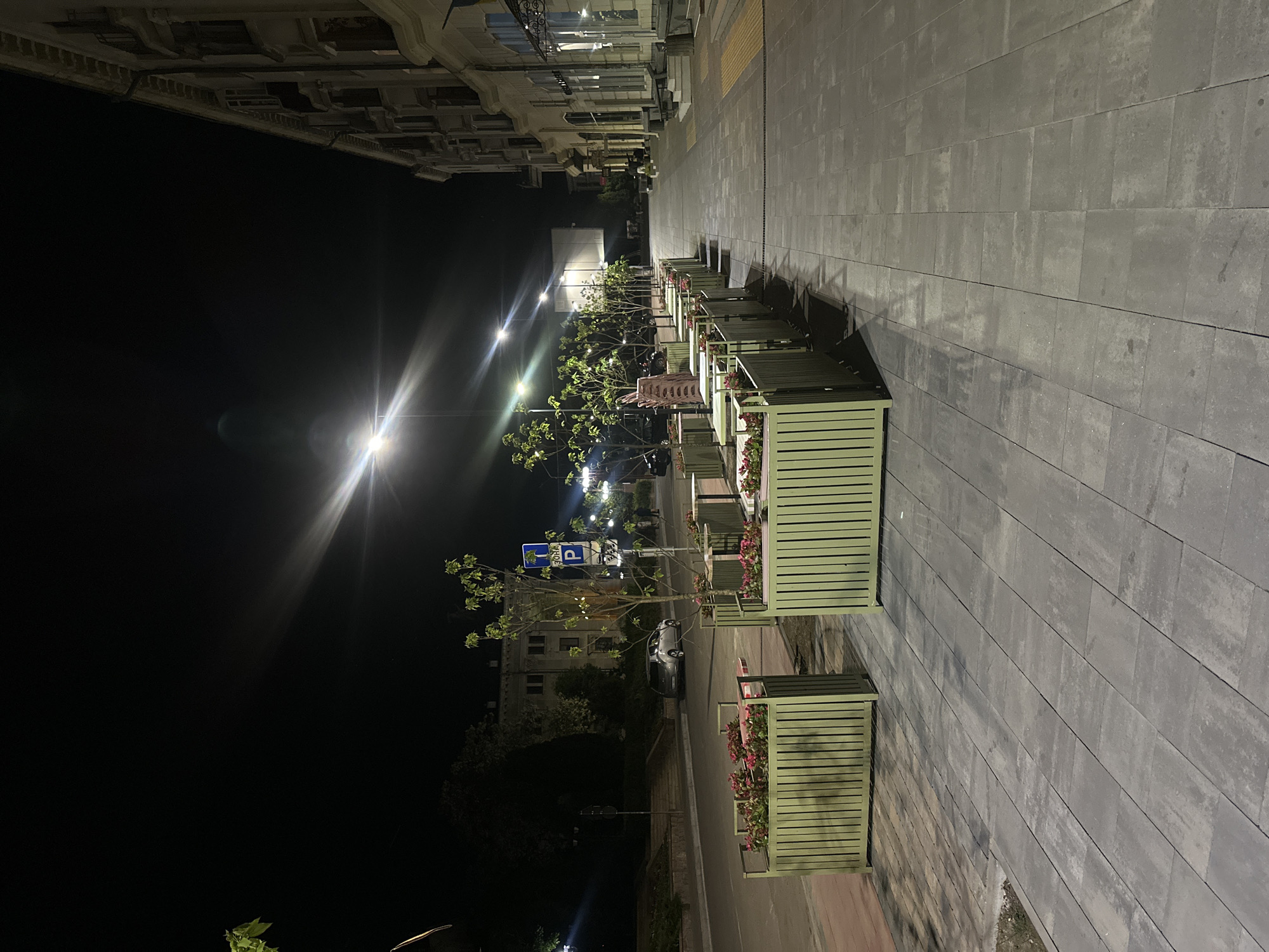The image depicts a nighttime scene on a street in what appears to be Ternopil, Ukraine. The perspective is at street level, looking along a row of green, rectangular planters filled with flowers. These planters run along the edge of a wide, paved walkway made of large, gray rectangular slabs.
To the left of the walkway is a dark street illuminated by streetlights. A parking sign is visible along the street, and a car is parked nearby. The background reveals several multistory buildings, illuminated by both streetlights and lights emanating from within the buildings.
The sky is dark, indicative of the nighttime setting. The overall environment suggests an urban setting in Ternopil. There are no people visible in the frame.