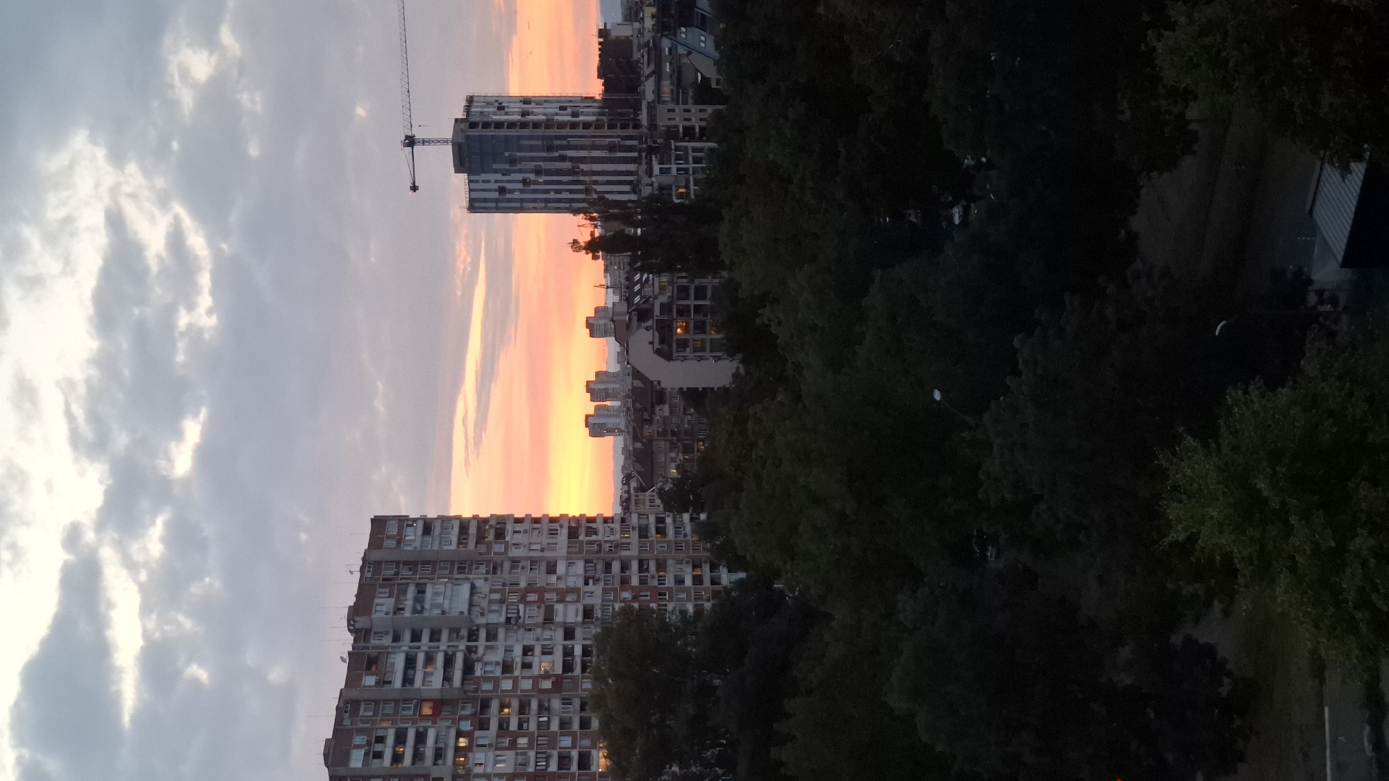 This is a vertical, eye-level, full shot of a city skyline at sunset in Sofia, Bulgaria. The sky is a gradient of soft pinks, oranges, and greys with scattered clouds. In the foreground, a dense canopy of dark green trees dominates the lower half of the image, obscuring much of the ground level.
Dominating the left side of the frame is a large, multi-story apartment building with a repetitive, concrete facade, characteristic of Soviet-era architecture. Many windows are visible, some illuminated with warm light, suggesting occupancy. To the right, a modern, tall, glass-facade building is under construction, with a prominent construction crane extending from its roof. In the mid-ground, other buildings of varying heights and architectural styles are visible, interspersed with more trees. Some of these buildings also have illuminated windows. The overall impression is an urban landscape transitioning from day to night, with a mix of older and newer constructions. No people are visible in the image.