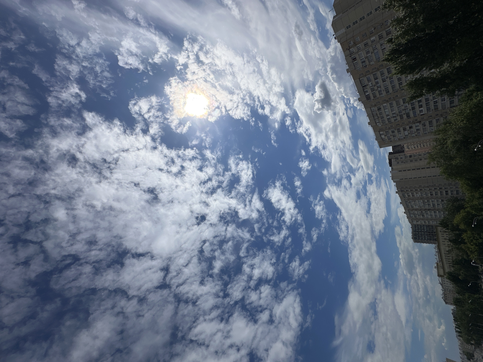 This media file captures a view of a bright, sunny sky filled with scattered white clouds. The sun is visible, shining brightly and creating a lens flare effect. In the foreground, on the right side of the image, are the facades of several tall, multi-story apartment buildings, characteristic of urban architecture in Moscow, Russia. Lush green trees line the street in front of the buildings, with some streetlights visible. The image is oriented vertically, as if looking upwards. The overall impression is of a clear, warm day in a densely populated urban environment. There is no visible text in the image.