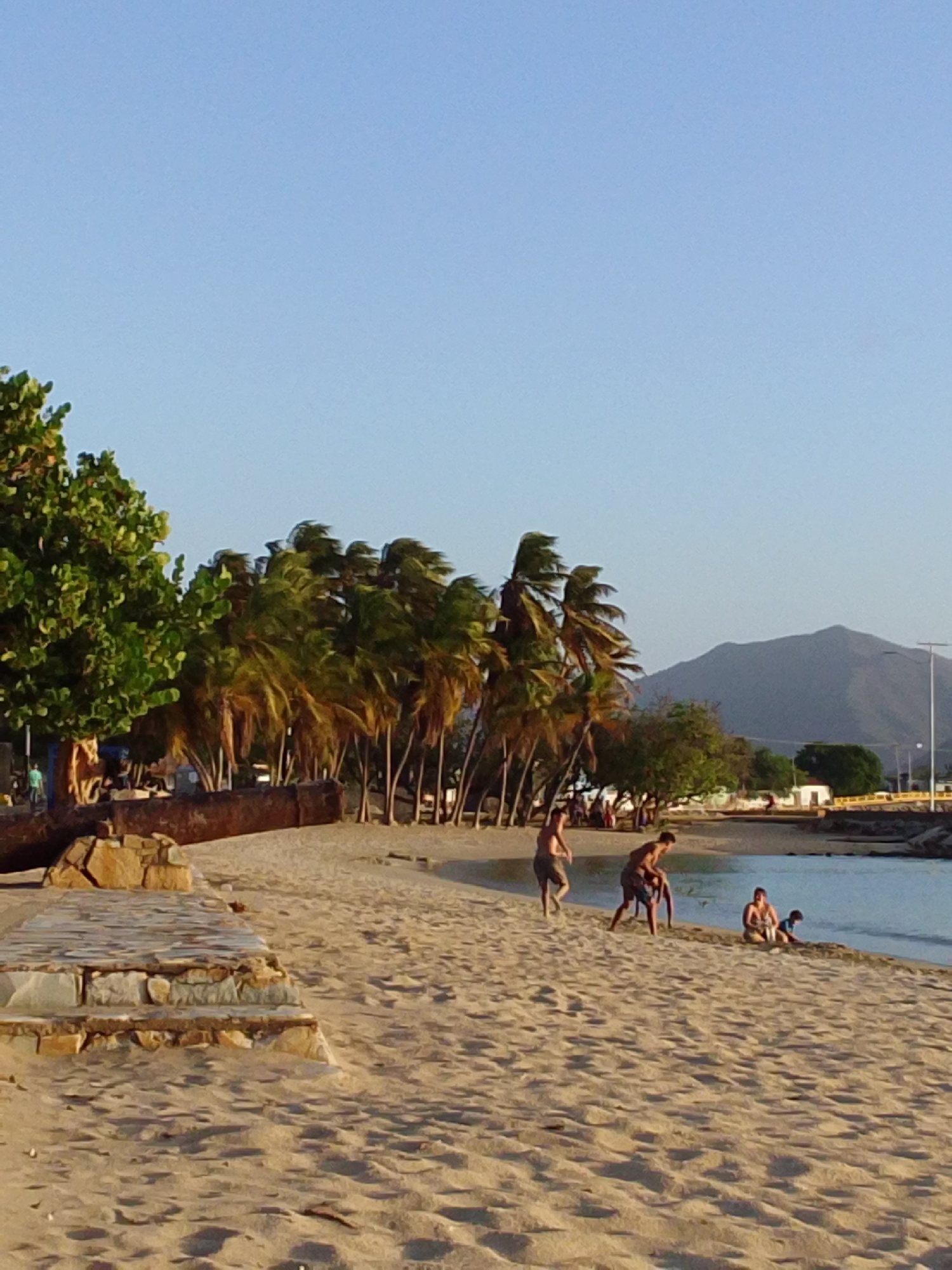The image depicts a beach scene in Juan Griego, Venezuela, with several people visible on the sandy shore. In the foreground, a stone walkway leads to the beach. Further back, a group of palm trees sways in the wind. On the beach, four individuals are present. Two young men are playing near the water's edge. Another person is sitting on the sand, and a child is playing nearby. In the background, a mountain rises behind the town, and the sea stretches towards the horizon. The sky is clear and blue, indicating a sunny day.