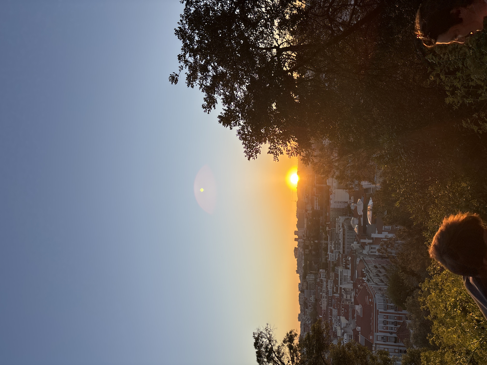 The image captures a cityscape, presumably Lisbon, Portugal, at sunset. The sun is positioned on the horizon and filters through trees. The sky transitions from light blue to orange. Buildings, largely residential, are visible in the foreground and midground. A person’s face is partially visible in the lower right and upper right.