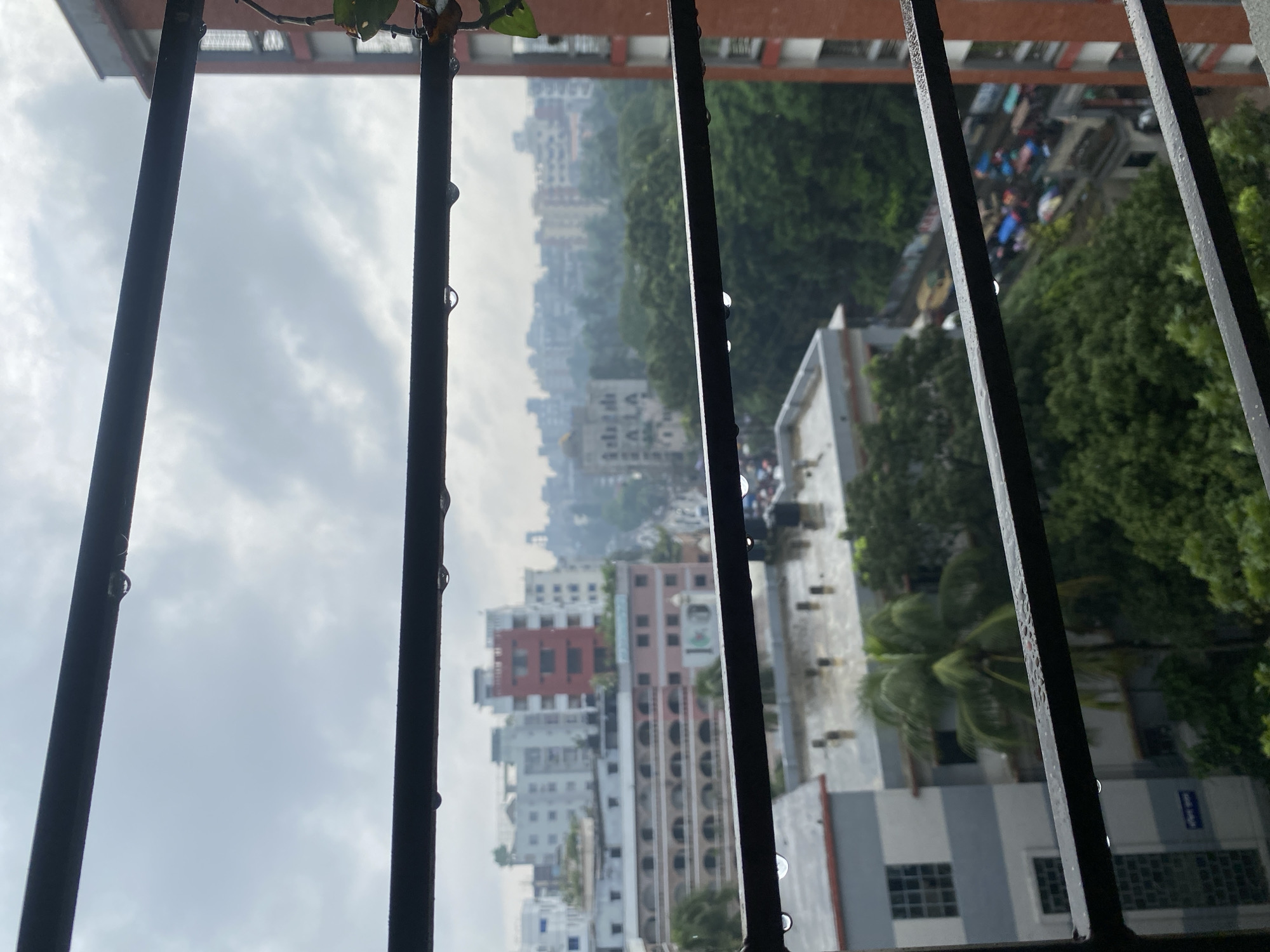 The image captures a view through a window grate, looking out over a city during or immediately after a rain. Several dark, horizontal bars of the grate are prominent in the foreground, with water droplets clinging to them. Beyond the grate, a cityscape unfolds under a cloudy sky. The buildings are of varying heights and architectural styles, with a mix of light and darker facades. Some buildings appear residential, while others suggest commercial or institutional use. Lush green trees are interspersed throughout the urban landscape, softening the rigidity of the structures. In the middle ground, a street or pathway is visible, with what appear to be vehicles or covered stalls, many with brightly colored coverings, suggesting a market or busy thoroughfare. The overall impression is of a humid, possibly monsoon season atmosphere in an urban environment. The presence of dense foliage and specific building designs, along with the visible urban density, strongly suggests the location is Dhaka, Bangladesh. The scene is devoid of visible people, focusing instead on the urban environment and the effects of recent rain.