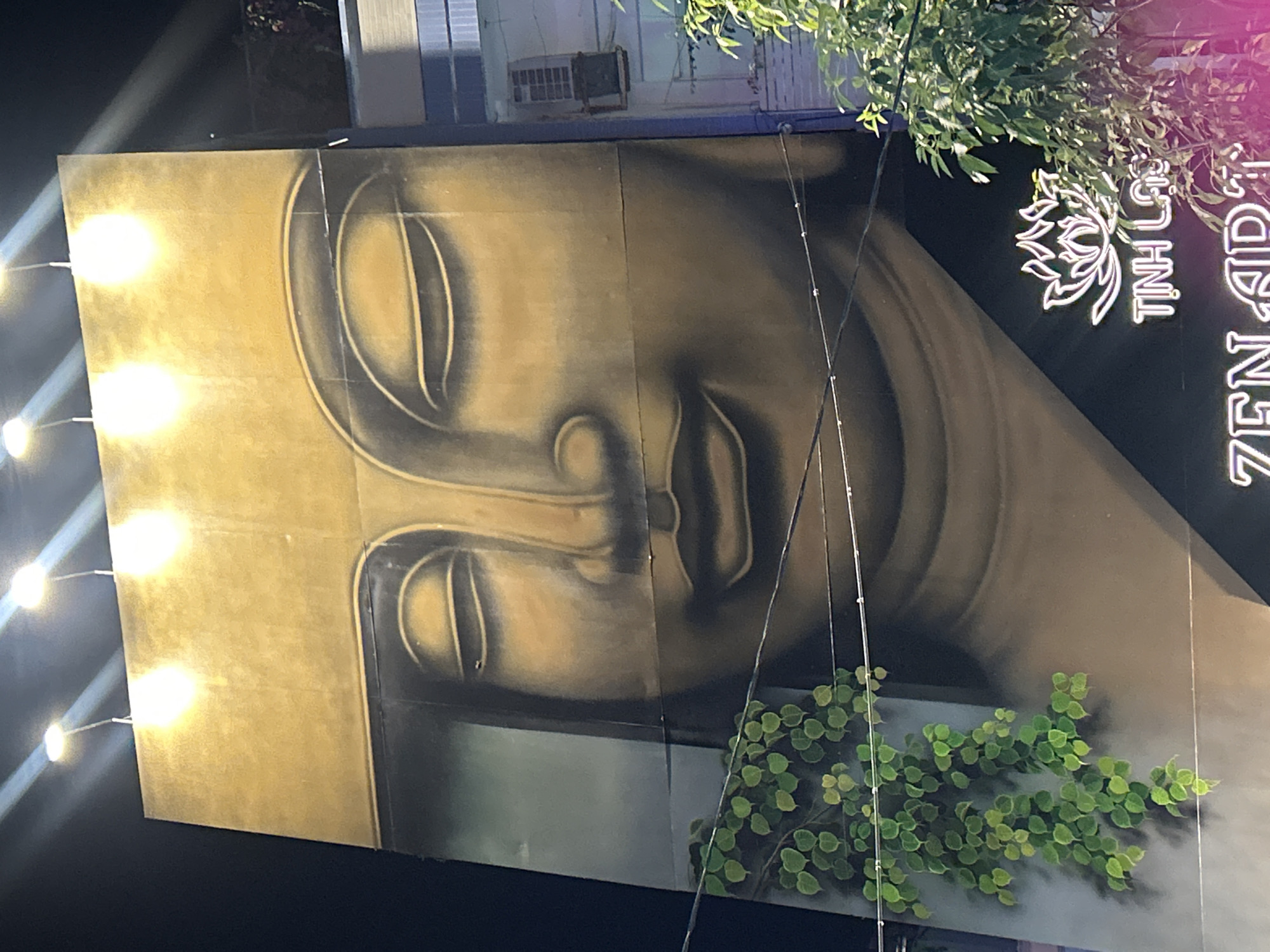 The image shows a large mural of a Buddha's face, predominantly in shades of gold and dark grey, adorning the side of a building in Nha Trang, Vietnam. The name "ZEN AD" is prominently displayed in large white letters on the right side, adjacent to a lotus flower symbol and Vietnamese text reading "TINH LAC." String lights are positioned on the left side of the mural, casting bright orbs of light. A climbing green vine partially obscures the lower right corner of the mural. Above the mural, an air conditioning unit is visible on the building's facade.