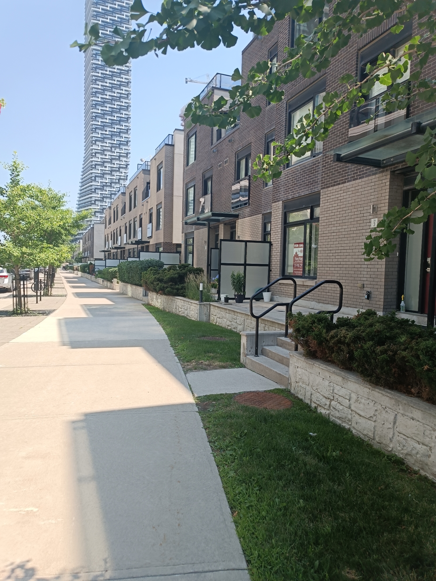 The image shows a street scene in Mississauga, Canada. A sidewalk runs along the right side of the frame, with a row of modern townhouses on the other side of a low stone wall and manicured hedges. The townhouses have brick facades and large windows, some with dark trim. One window on the ground floor of a townhouse has a "FOR SALE" sign. A tall, contemporary skyscraper with a distinctive patterned facade is visible in the background, towering over the townhouses. Trees with green foliage line the left side of the sidewalk, with cars parked on the street beyond. The sky is clear and blue, suggesting a sunny day. The scene appears to be a residential area in a city.