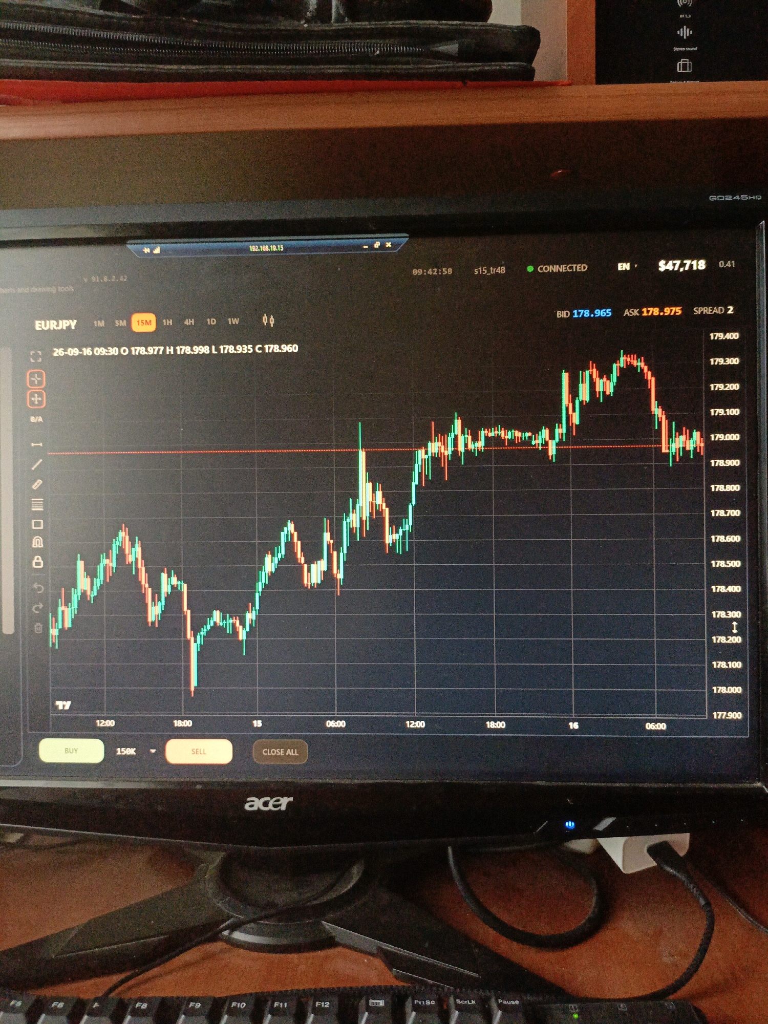This is a close-up, eye-level, vertical shot of a computer monitor displaying a financial trading platform, set against a dark, out-of-focus background that includes a black zippered bag and a wooden surface. The monitor shows a candlestick chart for EUR/JPY, with time intervals marked on the x-axis (e.g., 12:00, 18:00, 06:00) and price levels on the y-axis, ranging from 177.900 to 179.400. The chart displays a fluctuating trend with green and red candlesticks. Trading buttons labeled "BUY," "SELL," and "CLOSE ALL" are visible at the bottom of the screen, along with quantity selection and other interface elements. The monitor is placed on a desk with a keyboard in the foreground. A small white power adapter is plugged into the monitor. The scene is dimly lit, with the primary light source appearing to be the monitor's display. The image does not contain any people or direct evidence of a specific city or location like Ухманы, Russia.