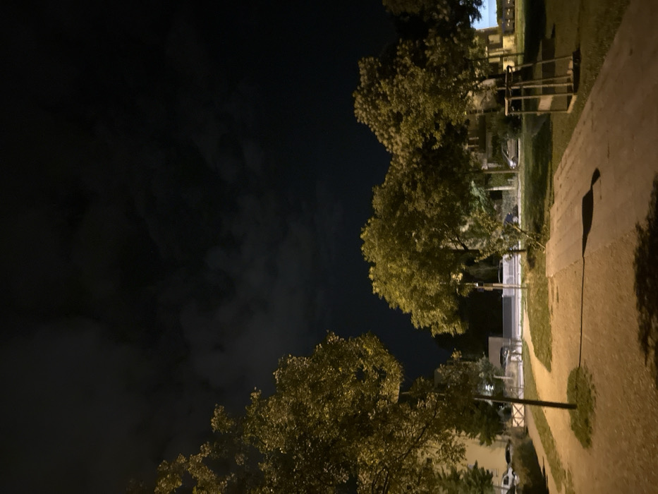 The image displays a static night scene within an urban green space in Strasbourg, France. The overhead sky is dark with visible, diffused cloud cover. Artificial light sources, likely streetlights, illuminate the immediate foreground and mid-ground, casting prominent, elongated shadows across the scene.
A light-colored dirt or gravel pathway extends from the lower-left foreground towards the center-right mid-ground, bordered by patches of grass. A slender, dark pole, consistent with a lamppost, stands upright near the path's left edge, casting a distinct shadow to the right. Several mature trees with dense, light-green foliage, appearing illuminated, are distributed throughout the frame. A large tree dominates the left side, partially cropped, while other trees are centrally located and to the right.
In the lower-right quadrant, a dark, open-frame metallic structure, possibly part of playground or outdoor fitness equipment, rests on the grass. Beyond the green space, a paved surface resembling a road or parking area is visible, containing multiple parked passenger vehicles. Residential or commercial buildings, characterized by their darkened facades and scattered illuminated windows, are faintly discernible in the background. No discernible human figures or active interactions are present in the frame.
