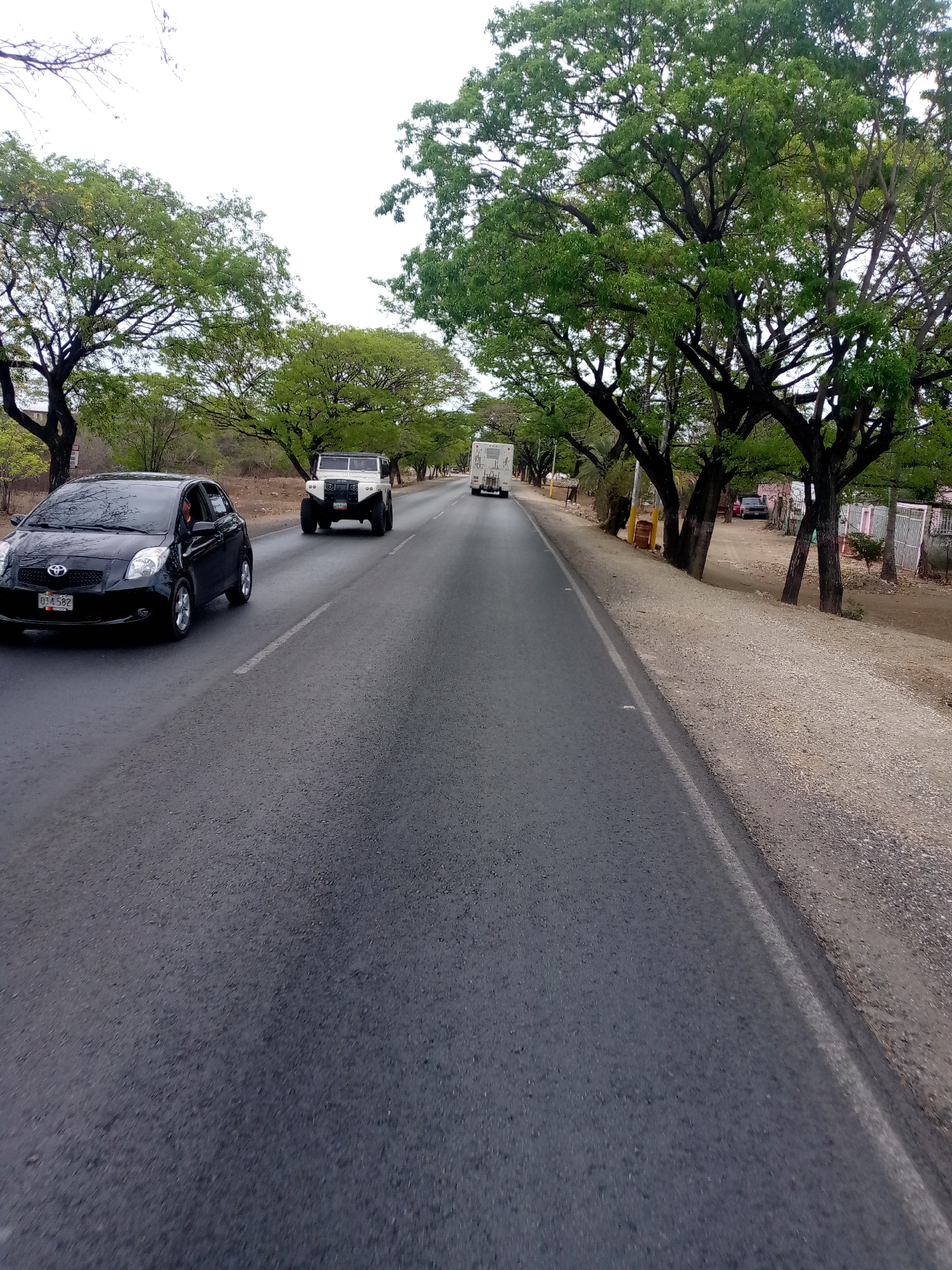 The image presents a daytime scene along a paved road, likely in a rural or semi-urban area of Las Barrancas, Venezuela. The sky is overcast, providing diffuse lighting without harsh shadows.
The road itself is dark asphalt, and a white dashed line is visible marking the lanes. Lush, green-leaved trees with dark, thick trunks line both sides of the road, creating a natural canopy. On the right side of the road, there is a wide, light-colored dirt and gravel shoulder. Beyond the trees and shoulder, glimpses of residential structures, including a pink building and fences, can be seen, suggesting a community alongside the road. Utility poles are also visible on the right.
Several vehicles are on the road. In the foreground on the left, a black Toyota Yaris hatchback is prominently featured. Its front license plate, "01A 5B2", is clearly legible, confirming its Venezuelan registration. Further down the road in the right lane, a white, rugged off-road vehicle or jeep with a distinctive front bumper is visible, also facing away from the viewer. Part of its license plate, "02V 5M", is discernible. In the far distance, a large white truck with a trailer can be seen.
The scene captures a moment of typical traffic flow along this tree-lined road. No specific activities beyond vehicles moving are evident, and no explicit emotions are discernible from the static shot.