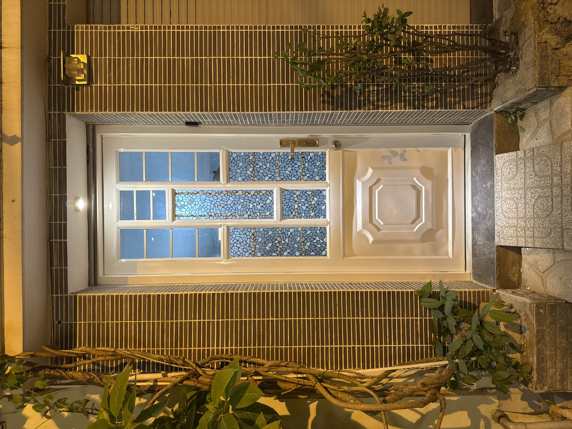 The image shows a white door with a glass pane in the upper section, featuring a mosaic-like pattern of blue and gray. The door has a brass handle and a circular knob. It is set against a wall with horizontal brown tiles. To the left of the door, a thick, gnarled vine with green leaves climbs up the wall and partially covers a pipe. To the right of the door, a small bush with green leaves is planted. The ground in front of the door is paved with textured gray tiles. A light fixture is visible above and to the right of the door, casting a warm yellow light on the wall. The scene appears to be an exterior view of a building entrance.