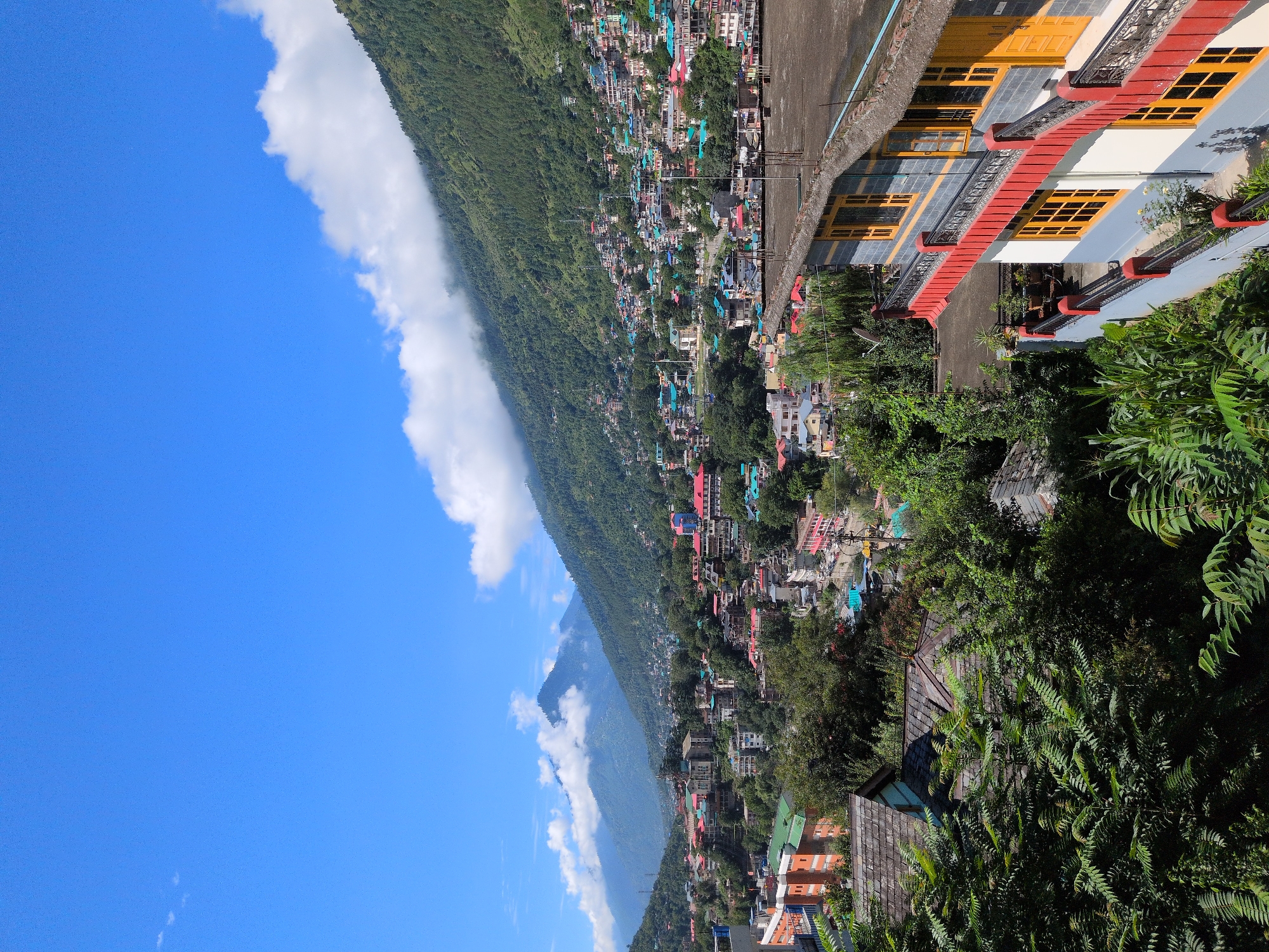 This is a medium-shot, eye-level, outdoor, vertical, photographic image taken on a bright, sunny day. The scene captures an elevated view of a densely populated town nestled in a valley, with lush green mountains rising steeply in the background. The sky is a clear, vibrant blue with a few scattered white clouds, some of which are hugging the mountainsides.
The foreground features the rooftop of a building with a grey, textured surface, bordered by a red and white railing. This building has a grey facade with multiple windows, some of which are open, and bright yellow frames and doors. A black metal railing runs along the balconies.
Beyond the foreground building, the town unfolds as a tapestry of colorful structures, with buildings of various sizes and architectural styles packed closely together. The roofs are predominantly red, green, or grey. The town sprawls up the lower slopes of the mountains, creating a tiered effect. Trees are interspersed throughout the town and on the mountainsides, adding to the verdant landscape.
In the distance, the imposing mountains are covered in dense green foliage, with some areas showing signs of development. The clouds partially obscure the upper reaches of the mountains, adding a sense of depth and mystery to the scene. A prominent peak is visible in the far distance, shrouded in mist and clouds. The overall impression is one of a vibrant, bustling town set against a dramatic and natural mountainous backdrop. The image appears to be taken in Kullu, India, given the characteristic architecture and the mountainous terrain.
