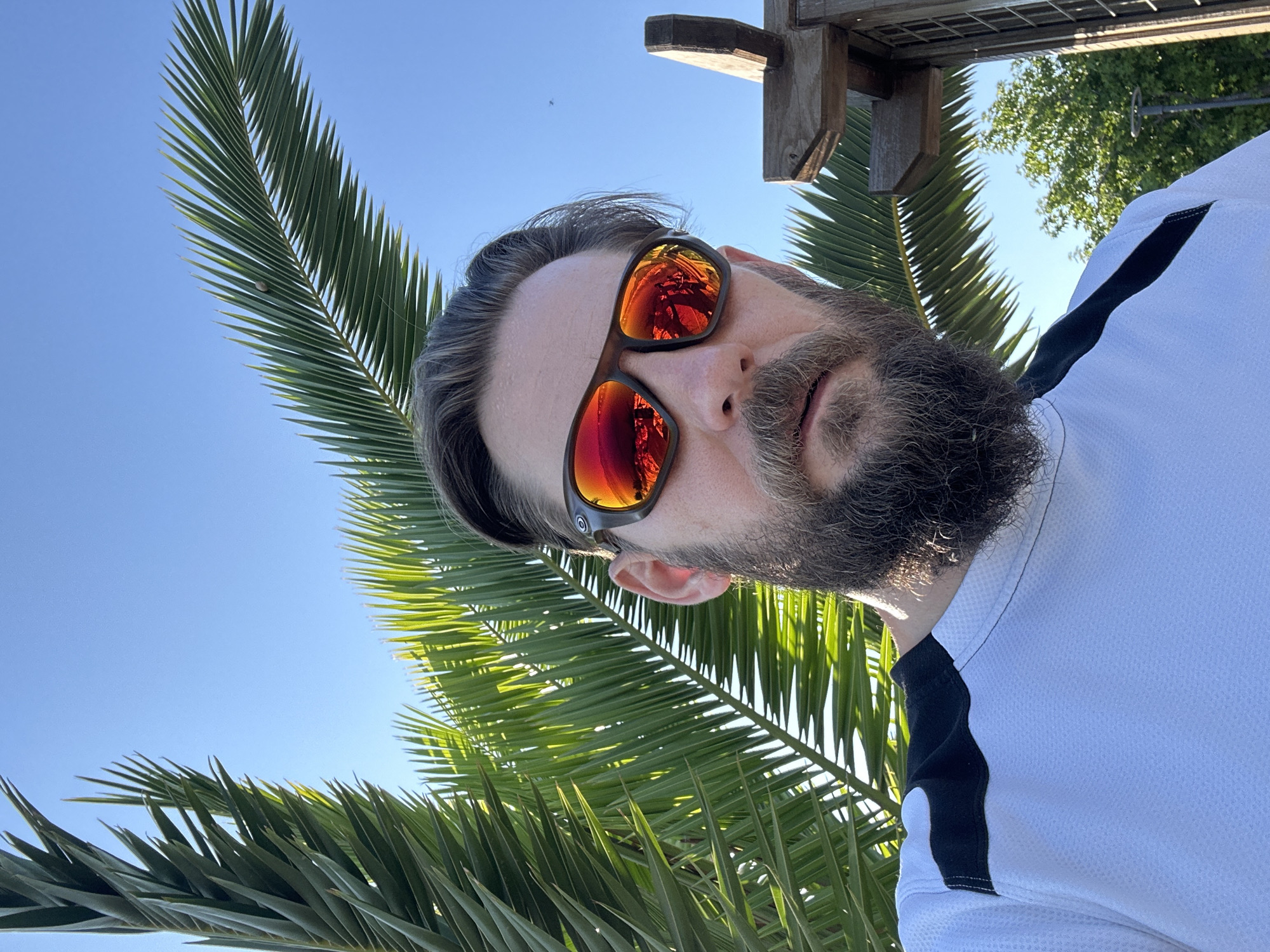 A male individual is depicted in a low-angle outdoor selfie taken in Fethiye, Turkey, under a clear blue sky. He possesses a full dark beard and mustache, dark hair, and wears brown-framed sunglasses with highly reflective red-orange lenses, bearing a visible "O" logo on the frame. He is dressed in a white athletic shirt with black shoulder and chest accents. The subject looks directly towards the camera. The background features lush green palm fronds, some intensely lit by direct sunlight, others in shadow. A small snail is visible on a palm frond in the upper left section. To the right, a wooden pergola or similar structure is partially visible. Further in the background, beyond the foliage, green deciduous trees and a dark street lamp are discernible. The overall scene is brightly illuminated by natural daylight.