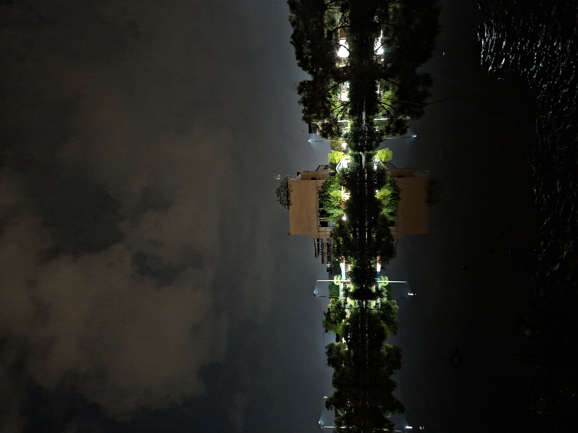 The image depicts a nocturnal scene of a waterfront area in Lhokseumawe, Indonesia, presented with a 90-degree counter-clockwise rotation. When viewed in its intended horizontal orientation, the left side is dominated by a dark body of water, while the right side features land with buildings, trees, and a cloudy night sky.
The right half of the scene showcases several tall, dense trees with bright green foliage, interspersed with artificial lighting from street lamps and possibly lights emanating from buildings. A multi-story, light-colored building with multiple windows is visible among the trees, with its interior lights casting a warm glow. These elements suggest an urban or semi-urban environment.
The left half of the image is comprised of a very dark body of water, likely a river or canal. This water surface offers faint, indistinct reflections of the illuminated trees and buildings from the opposite bank, creating a sense of depth and mirroring the environment. The extreme right edge of the water features some darker, textured elements, possibly additional vegetation or the water's edge.
Above the land and buildings, the sky is dark and overcast, with visible cloud formations suggesting a cloudy night. The overall time of day is night, indicated by the artificial illumination and general darkness. There are no people visible, and no specific activities or events are taking place. The scene conveys a quiet, tranquil atmosphere. No discernible text is present in the image.