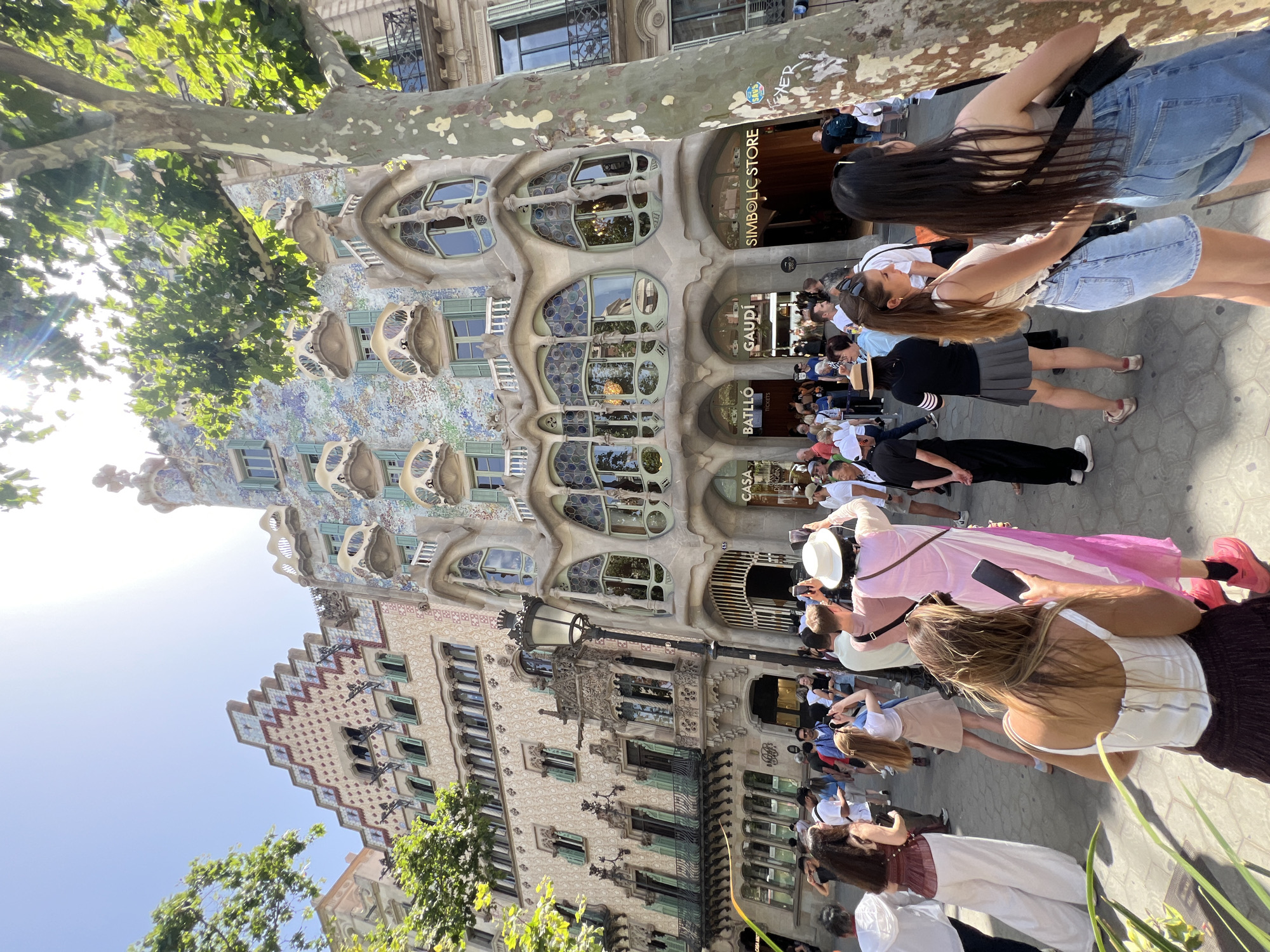 The image depicts a sunny day on a city street in Barcelona, Spain, likely in front of Casa Batlló, a renowned modernist building designed by Antoni Gaudí. The building's facade is highly distinctive, featuring colorful mosaic tiles, organic, undulating shapes, and whimsical balconies resembling bones or masks. Multiple people are visible on the sidewalk, many of whom appear to be tourists, as indicated by their attire and the presence of cameras and phones being used to take pictures. Some individuals are posing for photos, while others are looking at the building or walking by. A large tree with textured bark stands in the foreground on the right, partially obscuring the view of the building's right side. The street appears to be paved with cobblestones, and a lamppost is visible to the left of the building's entrance. Signs indicating "CASA BATLLÓ" and "GAUDÍ" are prominently displayed, confirming the location. The sky is clear and bright blue, suggesting warm weather.