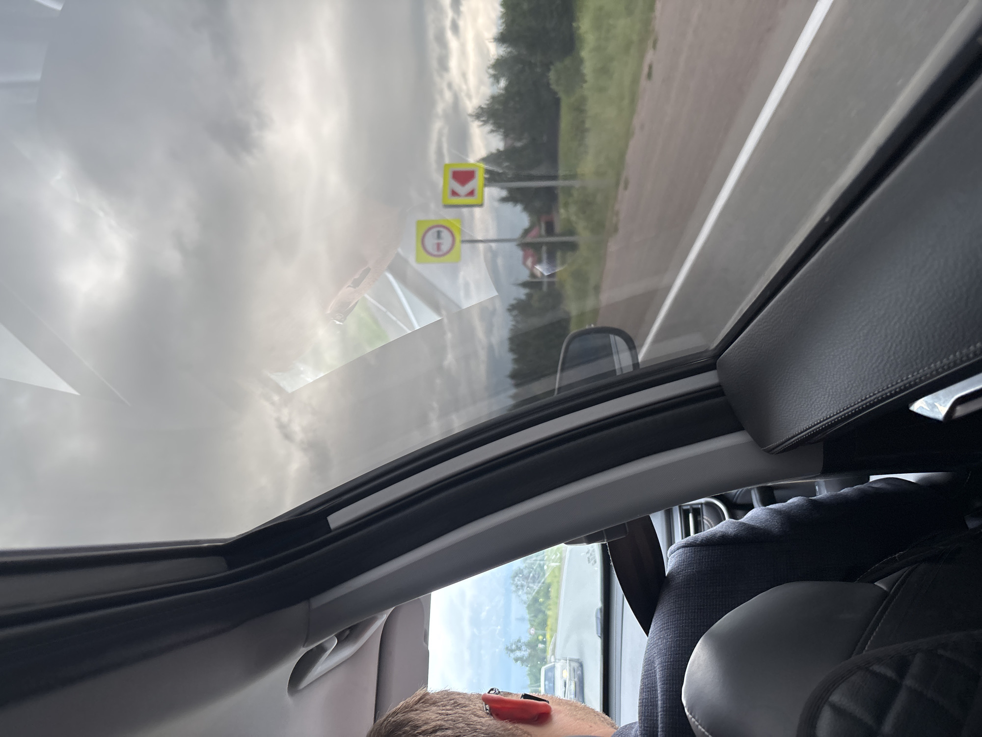 The image, taken from inside a vehicle, shows a view through the side window. A man wearing glasses and a dark jacket is visible in the foreground, seated in the driver's position. Outside the car, a road with a white line marking is visible, with trees and greenery lining the roadside. Two road signs are present: one circular sign with a red border and a horizontal red bar through the center, indicating "No entry" for vehicles, and a square yellow sign with a black arrow pointing left, indicating a sharp left turn ahead. A house with a red roof is also visible in the background. The sky is overcast with dramatic clouds. The image was taken in or near Garevaya, Russia.