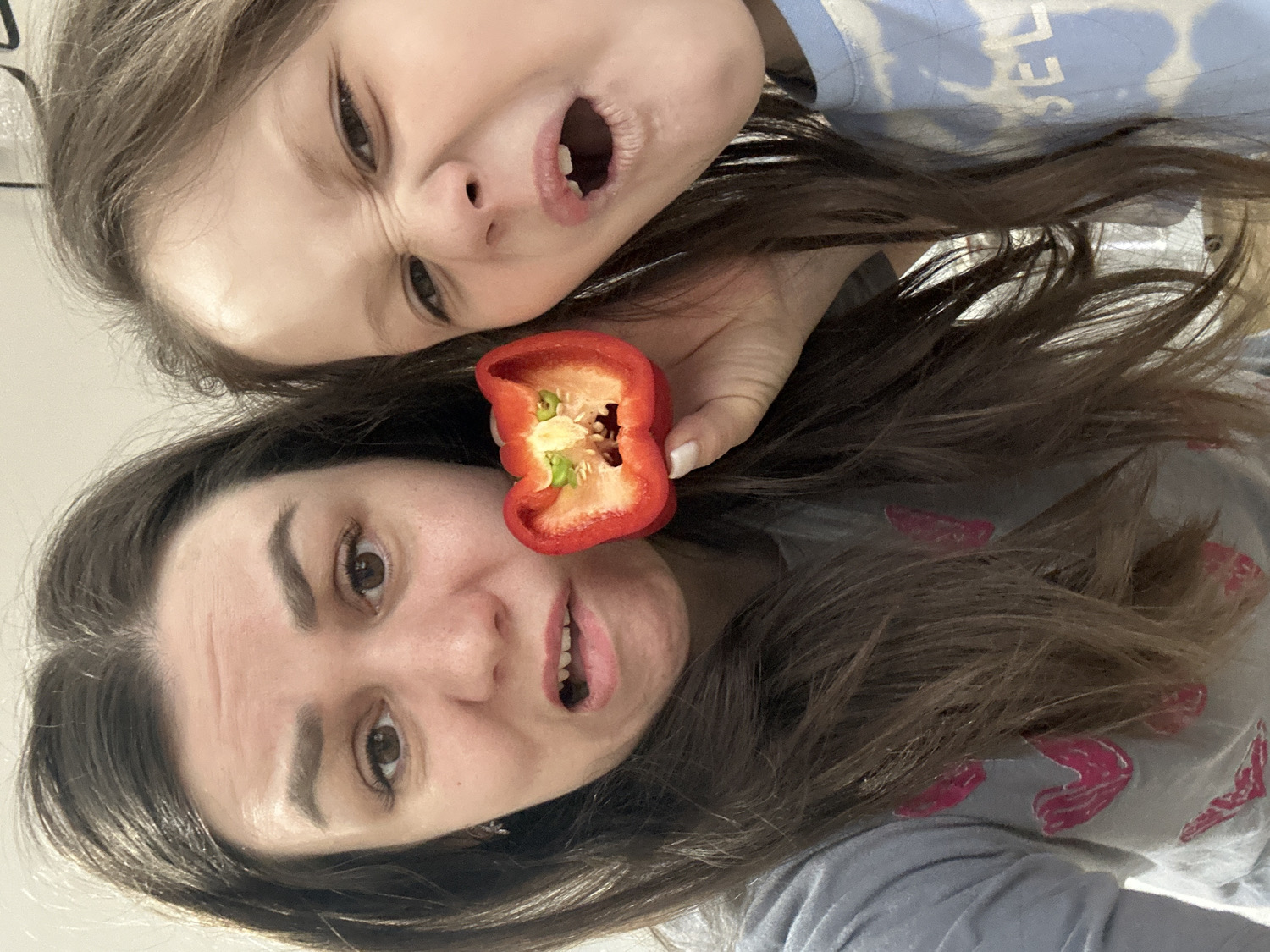 The image, taken in Chaikovsky, Russia, is a close-up portrait of an adult woman and a young girl, possibly mother and daughter, playfully posing for the camera. The image is rotated 90 degrees counter-clockwise, showing the subjects with their heads oriented to the left side of the frame.
The woman, positioned lower in the frame, has long, dark brown hair and brown eyes. She wears a grey top with indistinct pink patterns. Her mouth is slightly open, and her expression suggests amusement or slight surprise. Her left hand is visible, with manicured fingernails, holding a red bell pepper cut in half. The pepper's internal structure, including seeds and white pith, is clearly visible.
Above and slightly behind the woman is the young girl, also with long, brown hair. She is wearing a light blue top, on which some light-colored, indistinct text or patterns can be seen, possibly the letters "SEL." The girl displays a highly animated and comical expression: her mouth is wide open, her nose is crinkled, and her eyebrows are raised, conveying excitement or a dramatic pose. Both individuals are looking directly at the camera. The background is a plain, light-colored surface, suggesting an indoor setting.