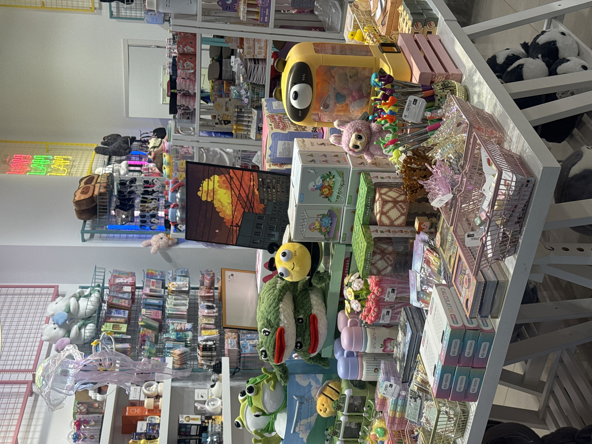 This image appears to be taken in a store or shop. The shelves are filled with various items for sale, including plush toys, stationery, and other novelty items. The merchandise is arranged in a densely packed manner. The lighting is bright and artificial, suggesting an indoor environment. The focus is on the products and their arrangement, with little to no presence of people in the frame. The location is not identifiable in this image.