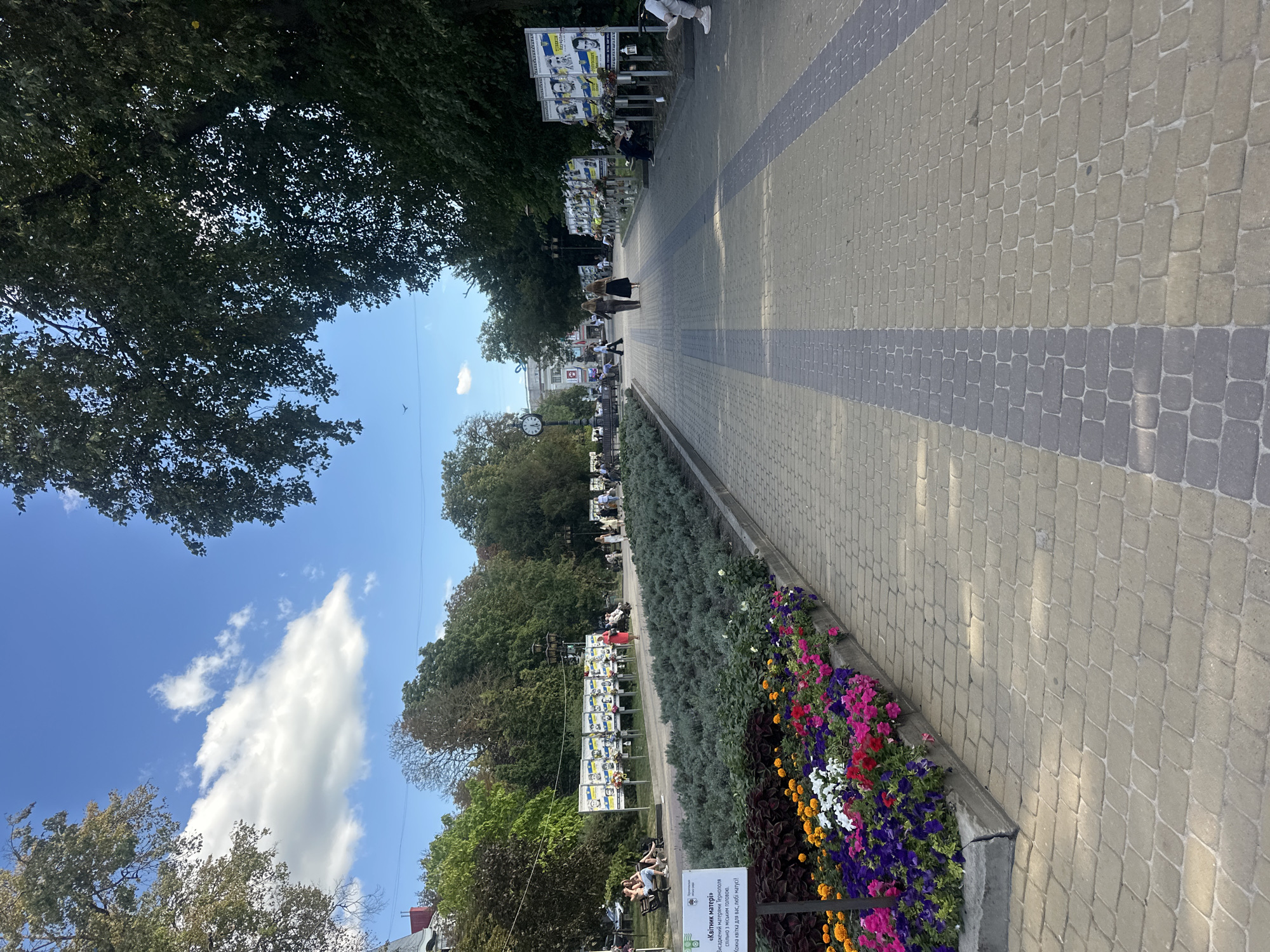 This is a medium-shot, eye-level, outdoor, full-color photograph taken on a sunny day in Ternopil, Ukraine. The image captures a wide, paved pedestrian walkway lined with trees on either side. On the left, a bed of colorful flowers, including petunias and marigolds, is bordered by a low, gray stone wall. Beyond the flowers, a row of display boards features portraits and Ukrainian flags, presumably honoring fallen soldiers. Several people are visible in the distance, with some seated on benches and others walking along the path. On the right side of the walkway, similar display boards are present, also adorned with portraits and flags. A clock tower is visible in the far distance on the left. The sky is blue with scattered white clouds, and the trees are full of green leaves, suggesting it is likely summer or early autumn. A sign in Ukrainian is visible in the lower left corner of the frame.