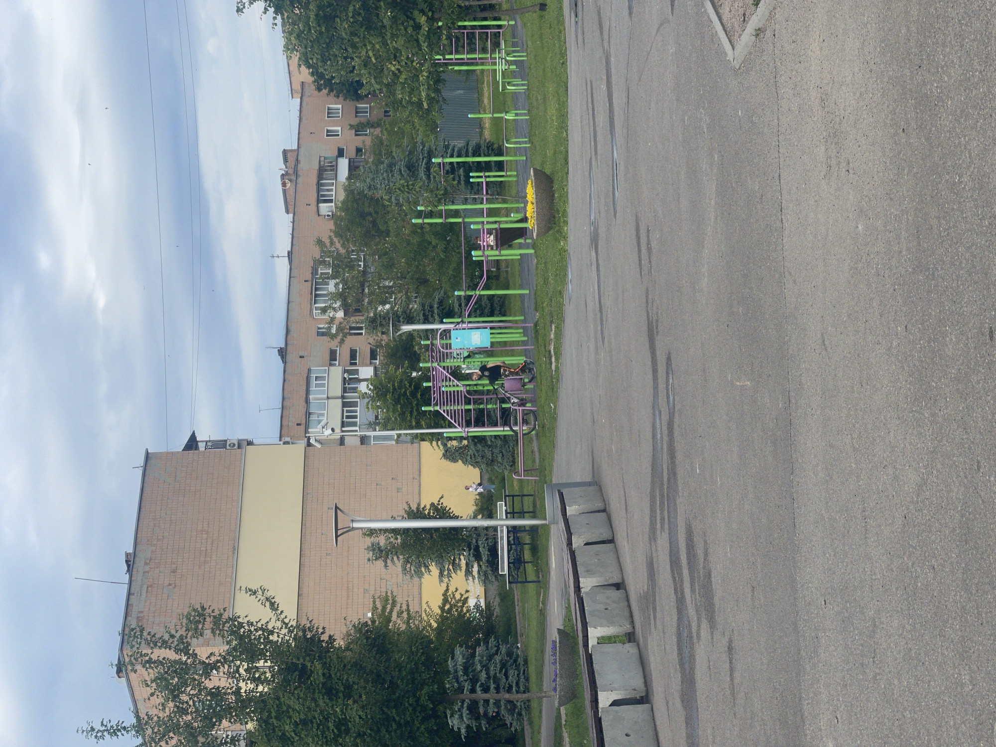 This image captures an outdoor urban scene in Poltava, Ukraine, focusing on a public workout area or playground situated next to residential buildings.
In the foreground, a wide asphalt path or road stretches across the frame. To the left of this path, a series of grey concrete block benches are arranged. Adjacent to the path, a vibrant green grassy area hosts a collection of modern outdoor gym or playground equipment, predominantly featuring green and purple metal structures such as pull-up bars, monkey bars, and other exercise stations. A large, grey concrete planter filled with bright yellow flowers is a notable feature within this green space. Two individuals are visible near the equipment: one person in a dark top stands next to a bicycle, while a smaller figure in lighter clothing is further back on one of the structures.
The background is dominated by multi-story residential buildings, likely apartment blocks, with facades of brick or similar material. One building distinctively features a horizontal light yellow band across its middle section. Several air conditioning units are visible on the exterior walls of these buildings. The area is dotted with a mix of deciduous trees and coniferous trees (like spruces), adding greenery and partially obscuring the architecture. A contemporary streetlamp stands upright between the path and the buildings.
The sky is overcast with light grey clouds, indicating a cloudy but bright daytime. Multiple thin utility wires or power lines crisscross the upper sky, and several tiny specks, possibly birds, are discernible against the clouds. The scene suggests a calm, ordinary day in a residential neighborhood, with people engaging in outdoor activities. No discernible text is visible on any objects or signs.