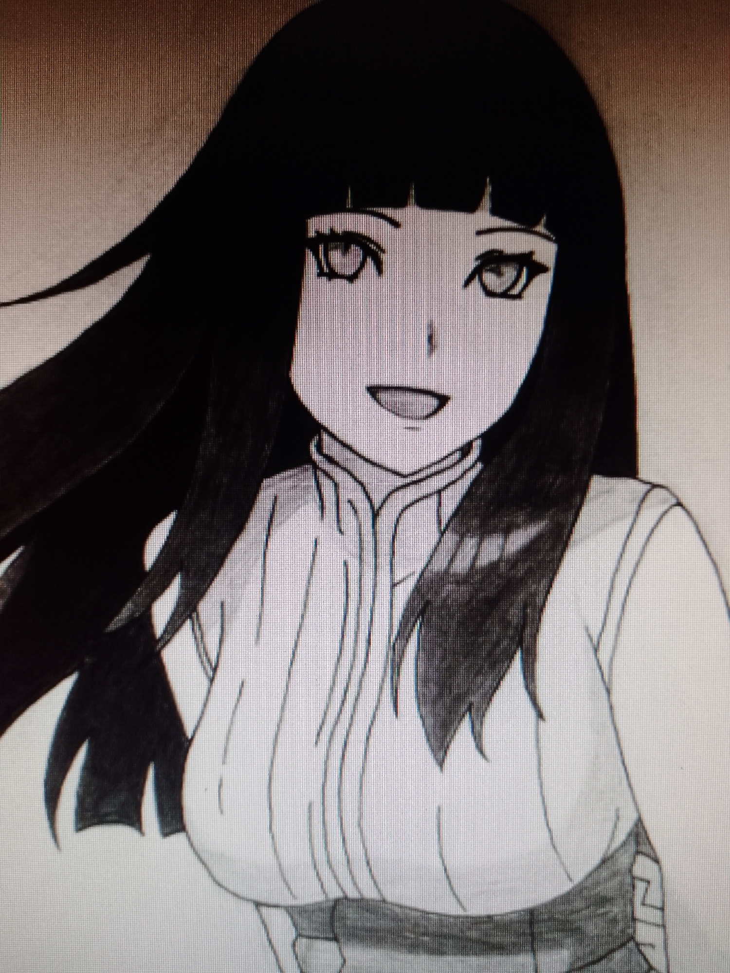 The image shows a monochrome drawing of a woman with long, dark hair and bangs. She has large eyes, a nose, and a smiling mouth. She's wearing a collared top with vertical lines, and a dark band around her waist. The background is a blurred beige color. The drawing is detailed and appears to be fan art of the anime character Hinata Hyuga. The location is unknown.