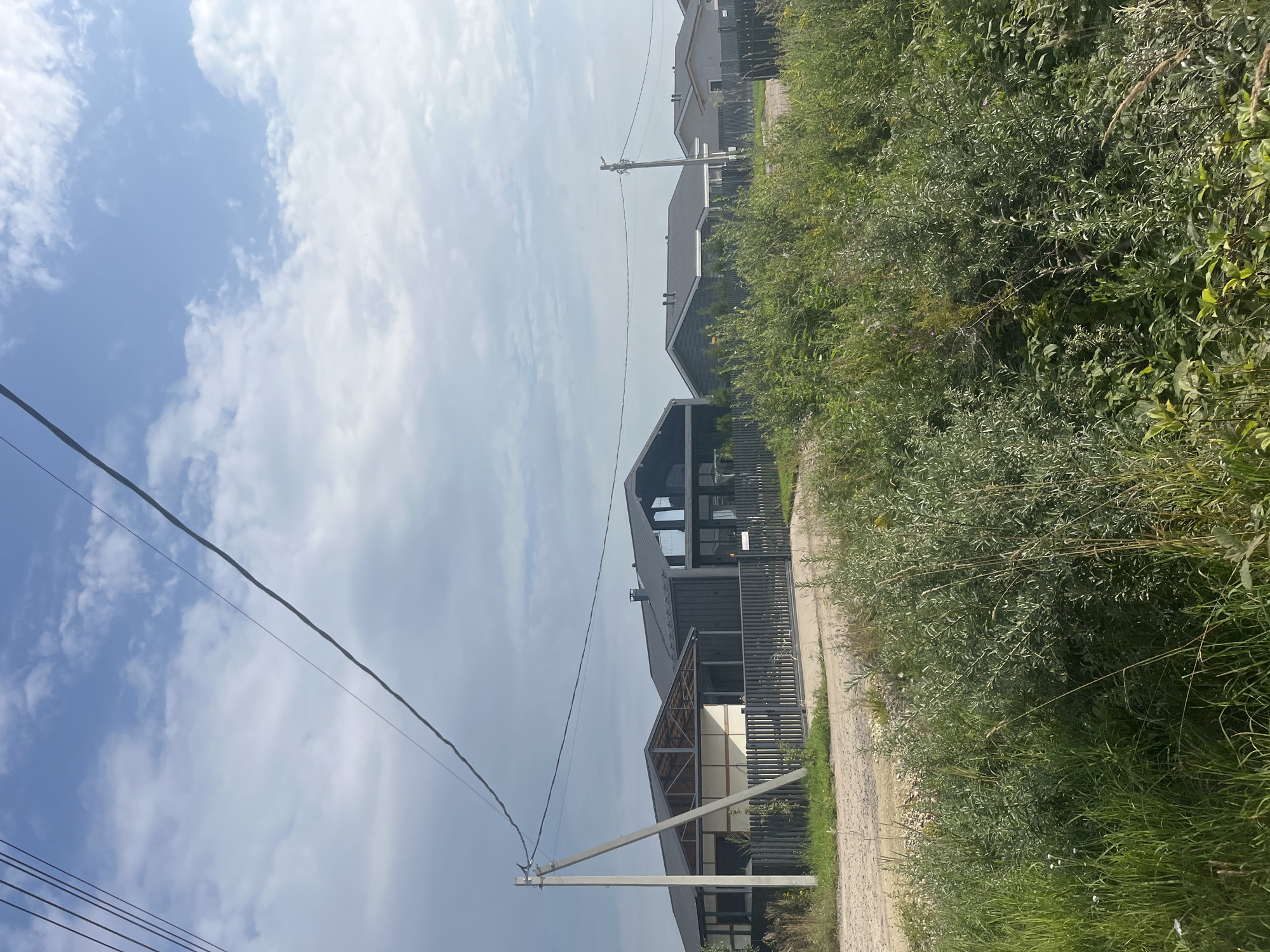 The image depicts a row of modern, dark-colored houses with dark roofs, situated behind a dark fence in the Бабигонская долина, Russia. A gravel road runs in front of the houses, bordered by lush green vegetation and tall grasses. Overhead, power lines crisscross the sky, supported by a concrete utility pole visible on the left side of the frame. The sky is partly cloudy with patches of blue. The scene appears to be a suburban or rural residential area.