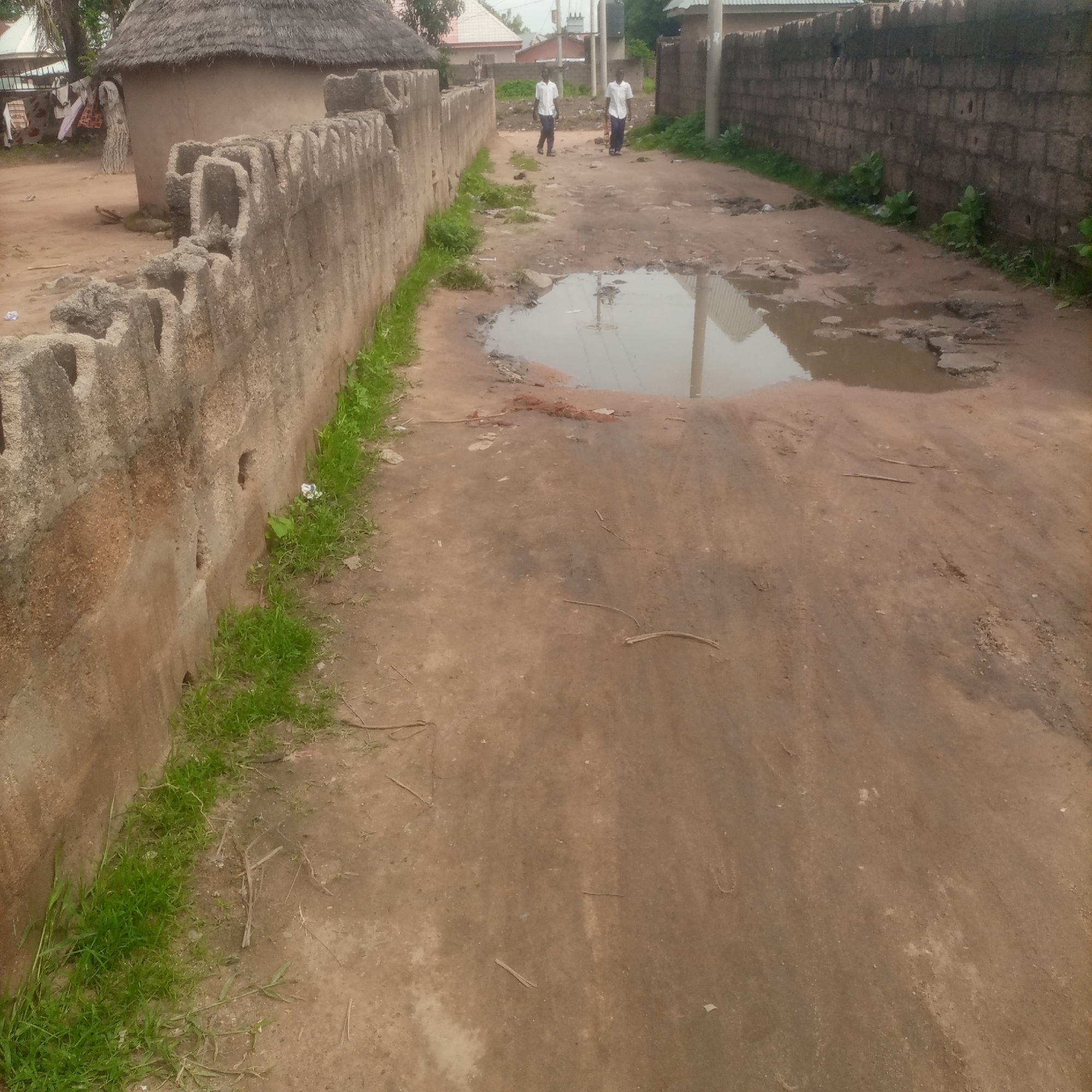 The image depicts a rural street scene in Jalingo, Nigeria. A mud-brick house with a thatched roof is visible on the left, with laundry hanging on a line. A textured concrete wall runs along the street, with some sections showing damage. Two young males in white shirts and dark pants walk away from the camera down the unpaved road. The road is muddy and has several large puddles of standing water, indicating recent rain. The environment is generally unkempt, with sparse vegetation growing along the roadside and scattered debris. The background shows more buildings with corrugated metal roofs and a brick wall.
