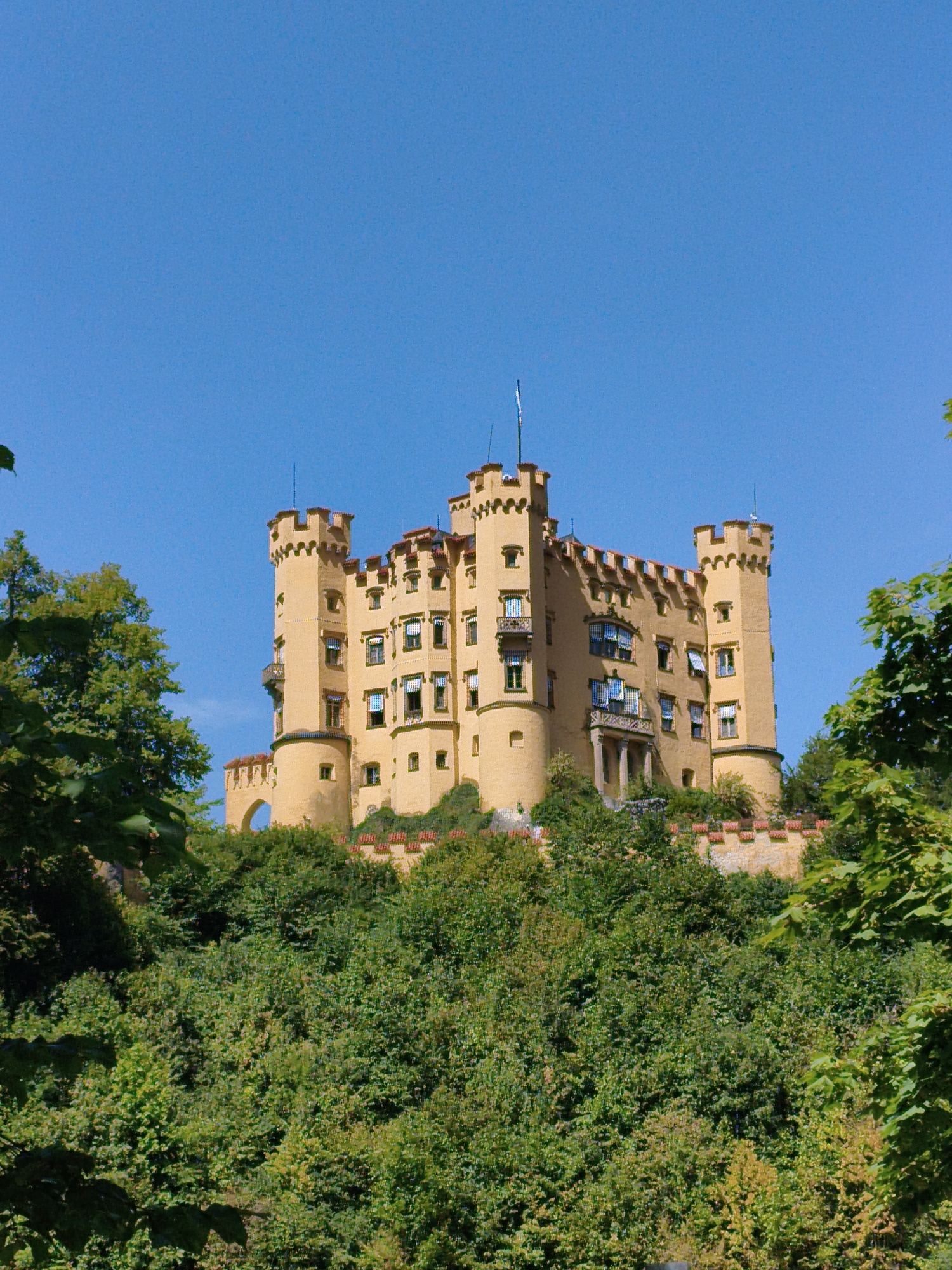 The image captures a majestic yellow castle, identified as Hohenschwangau Castle, perched atop a lush green hill under a clear, vibrant blue sky. The castle features multiple towers with crenellated tops, numerous windows, and balconies. An arched entryway is visible on the lower left side of the castle. The foreground is dominated by dense, green foliage and trees, partially obscuring the base of the hill. The overall scene depicts a picturesque and idyllic view of the historic castle in Schwangau, Germany. There are no people visible in the image.