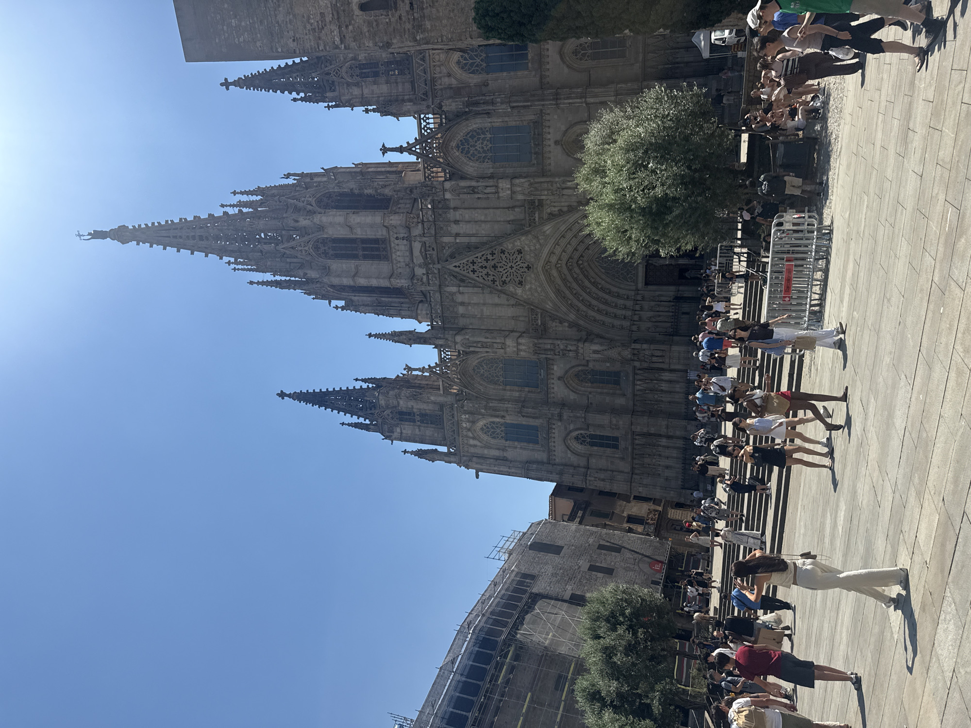 The image shows the Barcelona Cathedral on a clear, sunny day. The cathedral's Gothic architecture, characterized by its spires, intricate carvings, and arched windows, dominates the scene. In front of the cathedral, a large group of people are gathered on a paved plaza and a wide set of stone stairs. Some individuals are walking, while others are standing and observing. A tree provides some shade on the right side of the plaza. A metal barrier with red markings is visible in the foreground, potentially delineating an area or controlling access. The activity appears to be a casual gathering of tourists or locals enjoying the public space and the magnificent architecture. The bright sunlight and clear blue sky suggest it is midday.