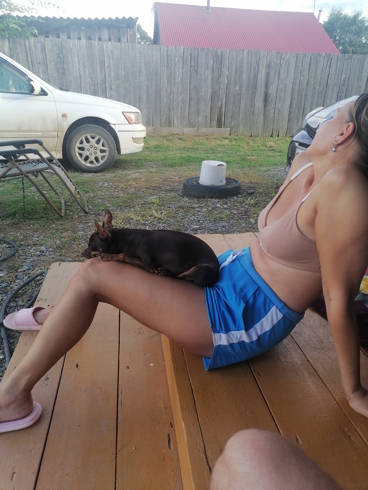 The image depicts an outdoor scene on a wooden deck in Novopokrovka, Russia. A woman is seated on the deck, wearing a beige bra and blue shorts with white stripes. A small brown dog is resting on her lap. In the background, a wooden fence encloses the area, and a white car is parked to the left. A red-roofed building is visible beyond the fence. The ground is covered with gravel and grass.