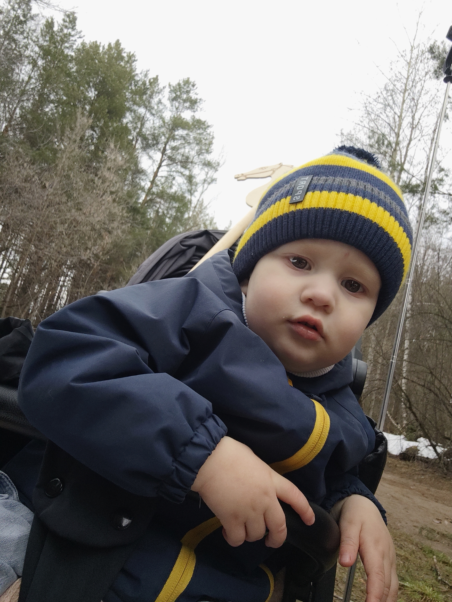 A young child wearing a blue and yellow striped knit hat and a blue jacket with yellow trim sits in a stroller outdoors. The background shows trees, suggesting a park or wooded area. Based on the location inferred, it is plausible the setting is a park or green space within Chaikovsky, Russia. The child is looking towards the camera with a neutral expression. The stroller's handlebar is in the foreground. The sky is overcast.
